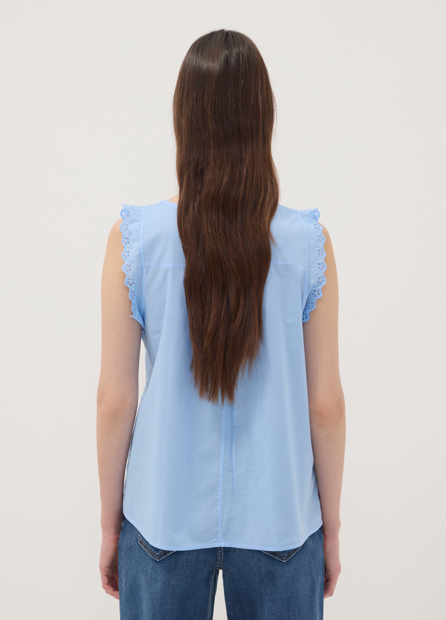Sky-Blue Pure Cotton Blouse with Floral Embroidery, Regular Fit