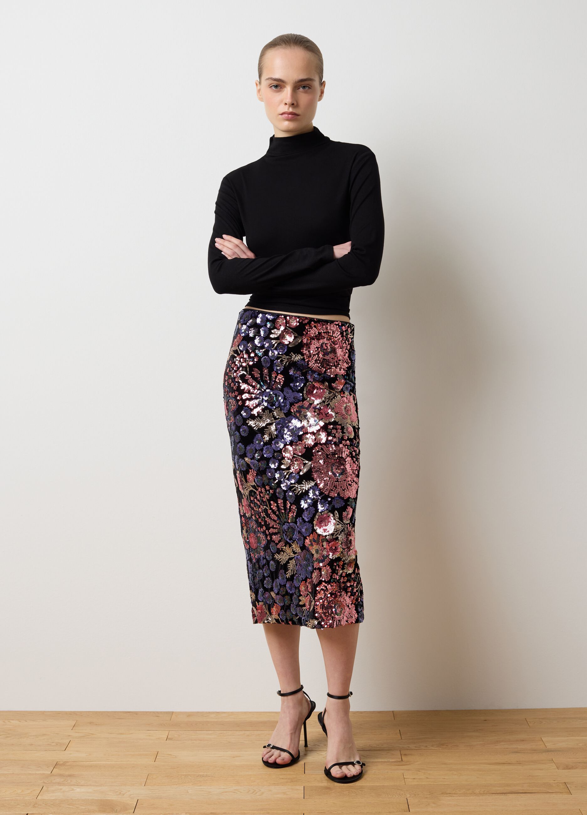 Multicoloured Floral Midi Skirt with Sequins