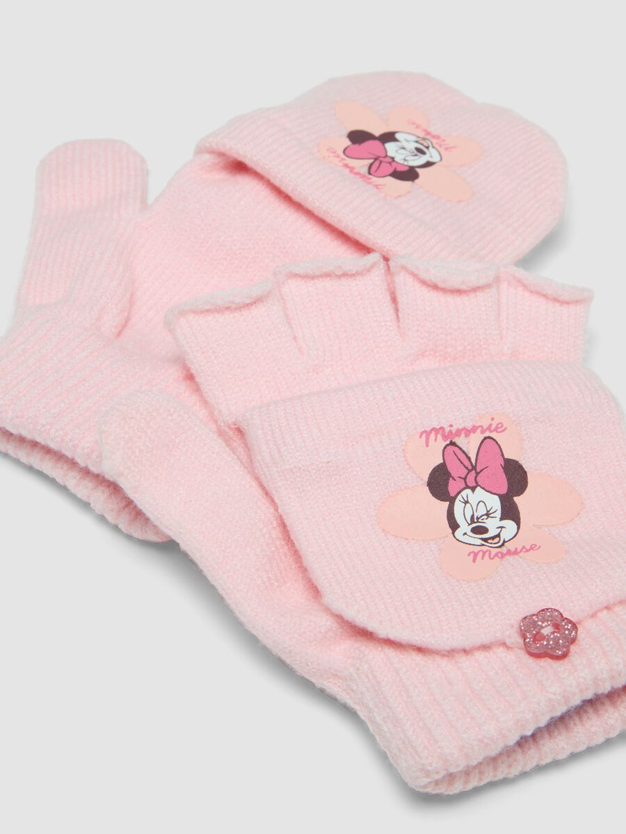 Pink viscose-blend gloves with convertible mitten flap and Minnie motif_1