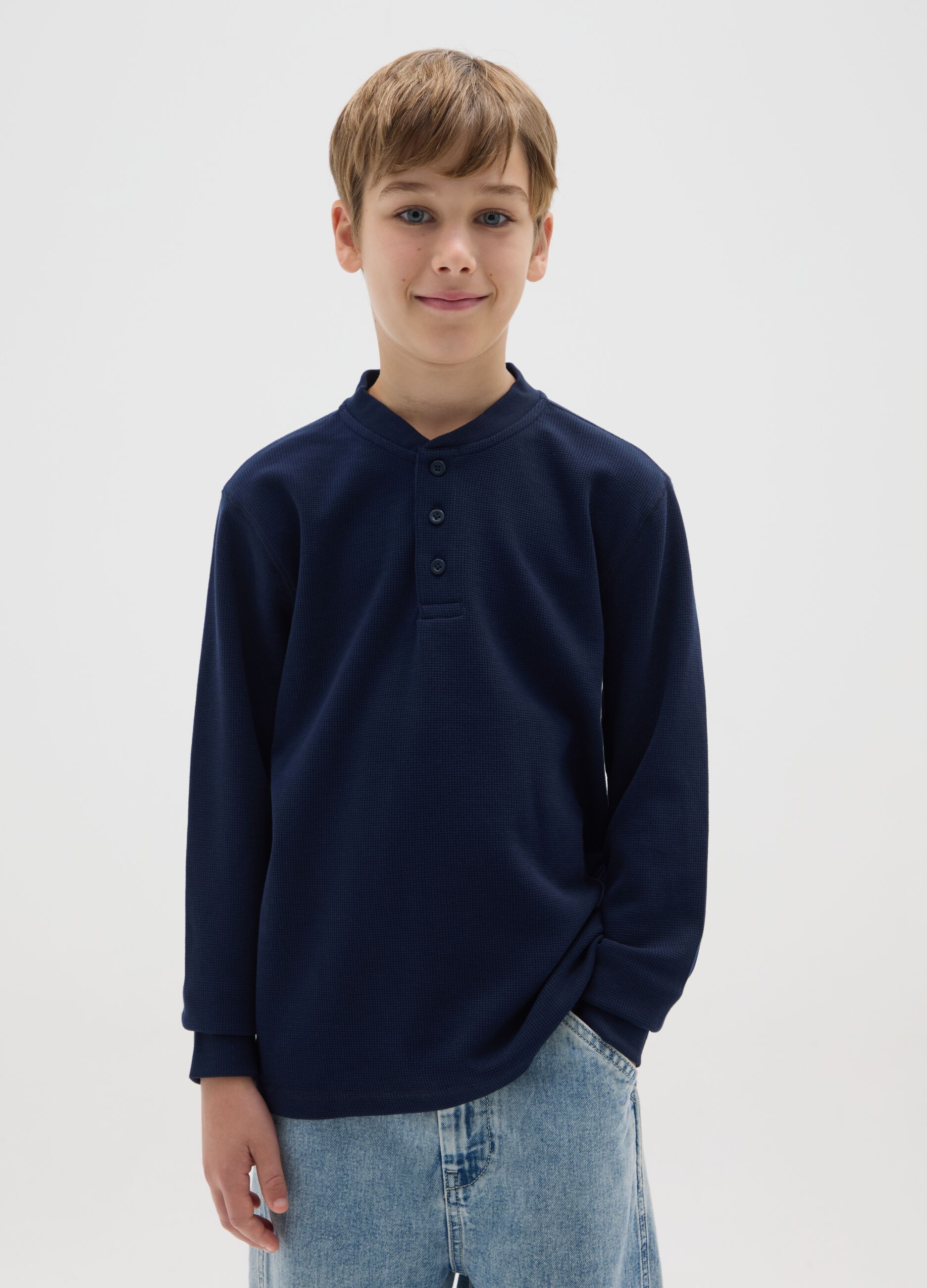 Boys' Blue Cotton Henley Shirt Regular Fit