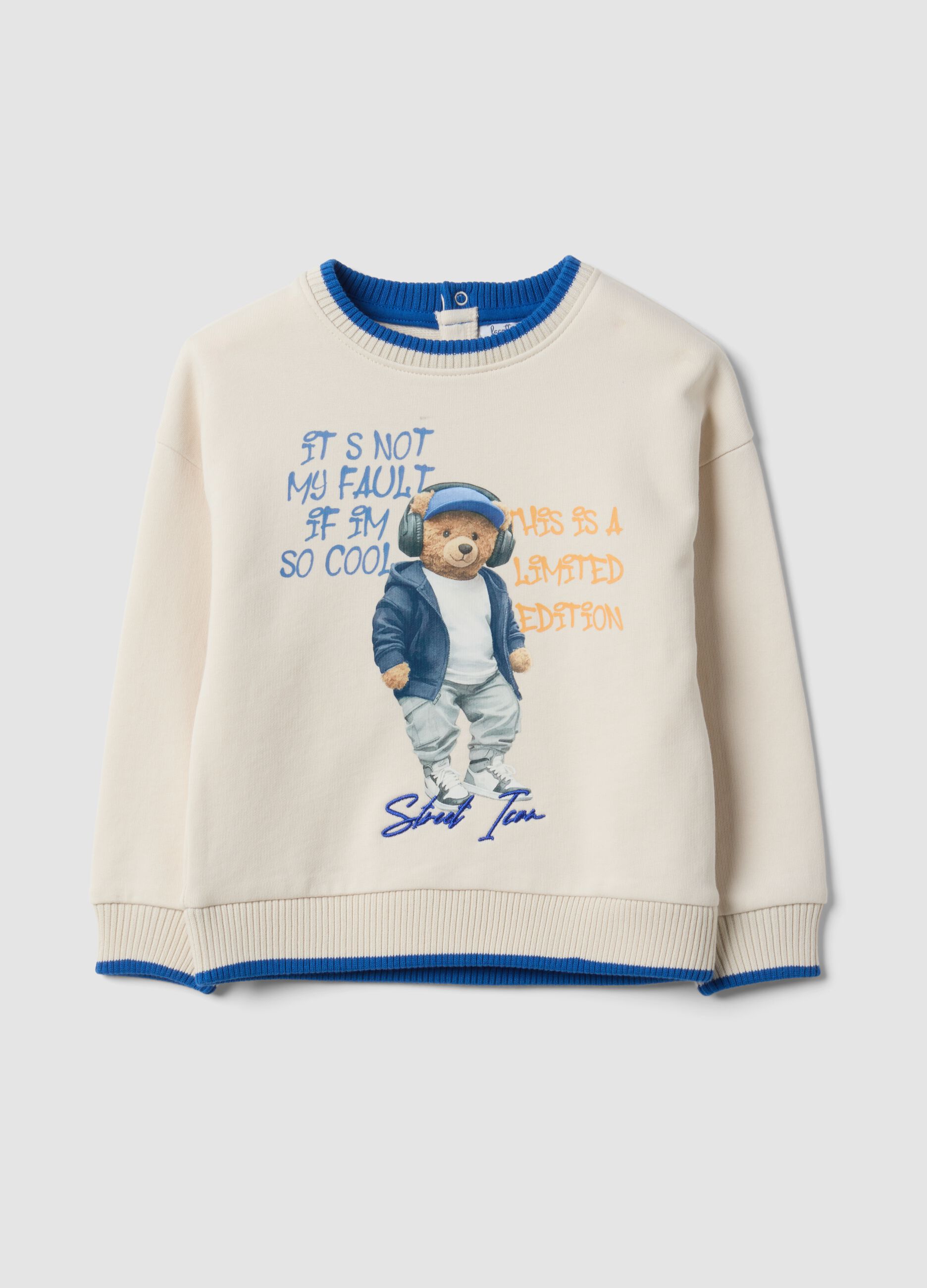 White organic cotton crew-neck sweatshirt with teddy bear print for baby boy
