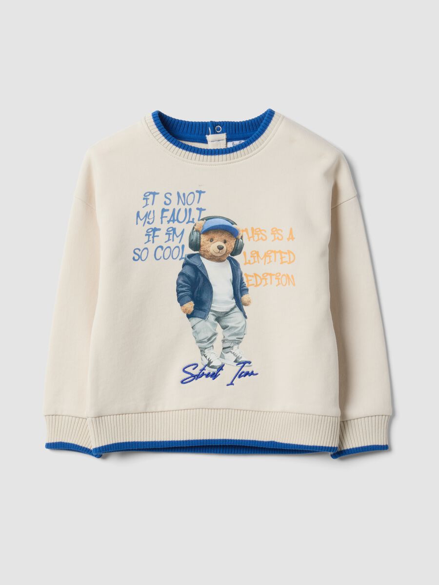 White organic cotton crew-neck sweatshirt with teddy bear print for baby boy_0
