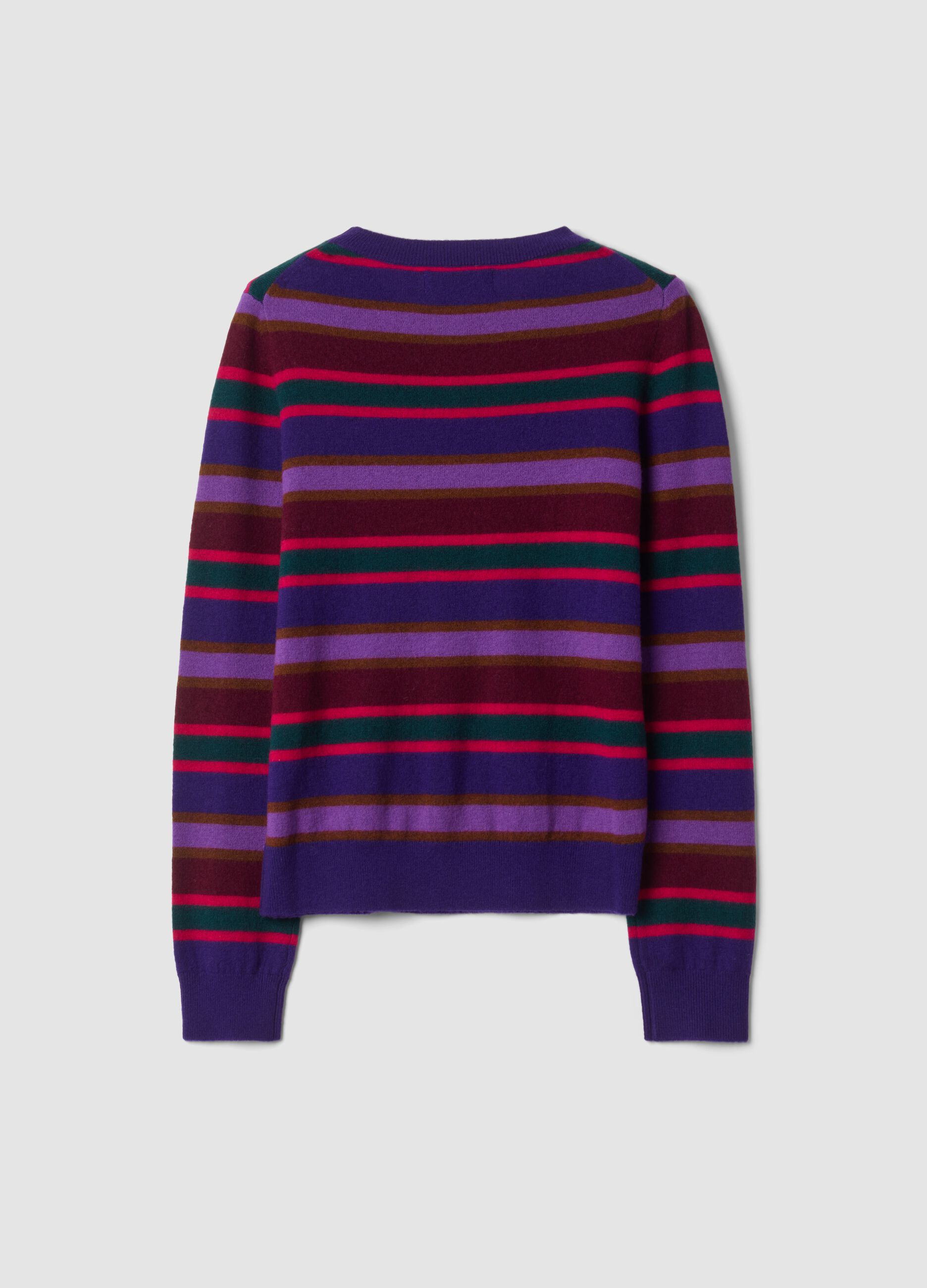 Maglia girocollo in pura lana viola scuro a righe colorate regular fit