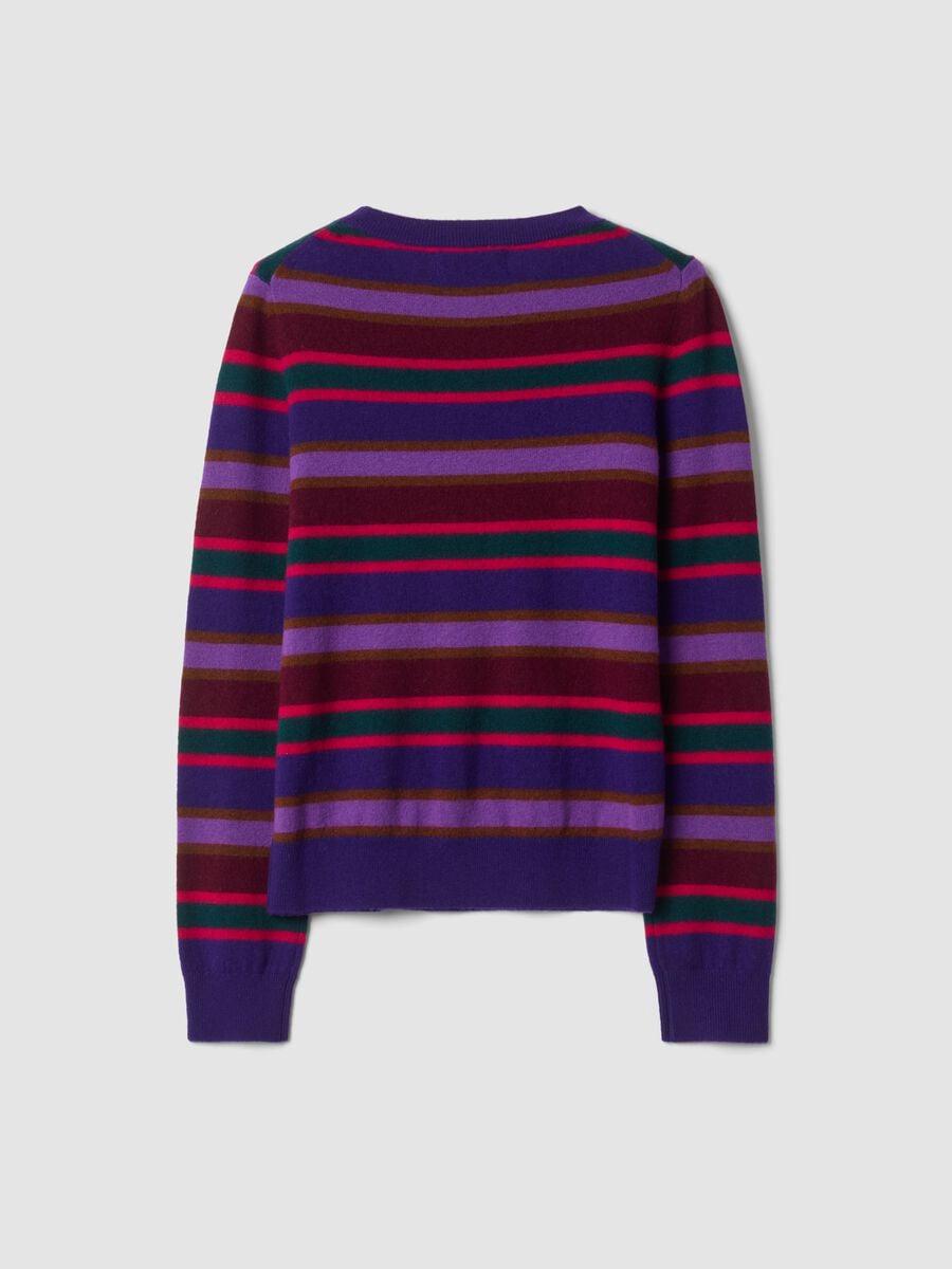 Dark purple pure wool crew-neck jumper with multicolour stripes, regular fit_1