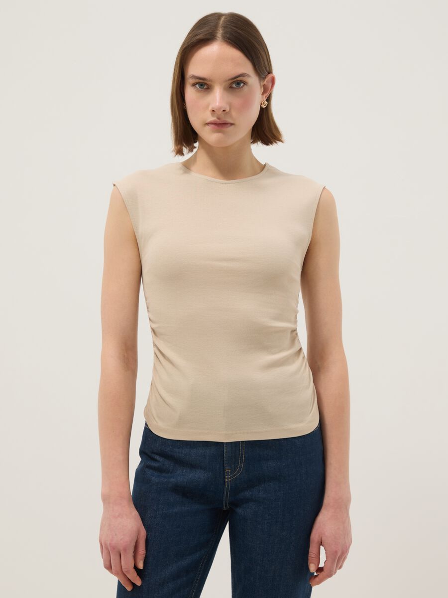 Beige pure cotton regular fit tank top_0