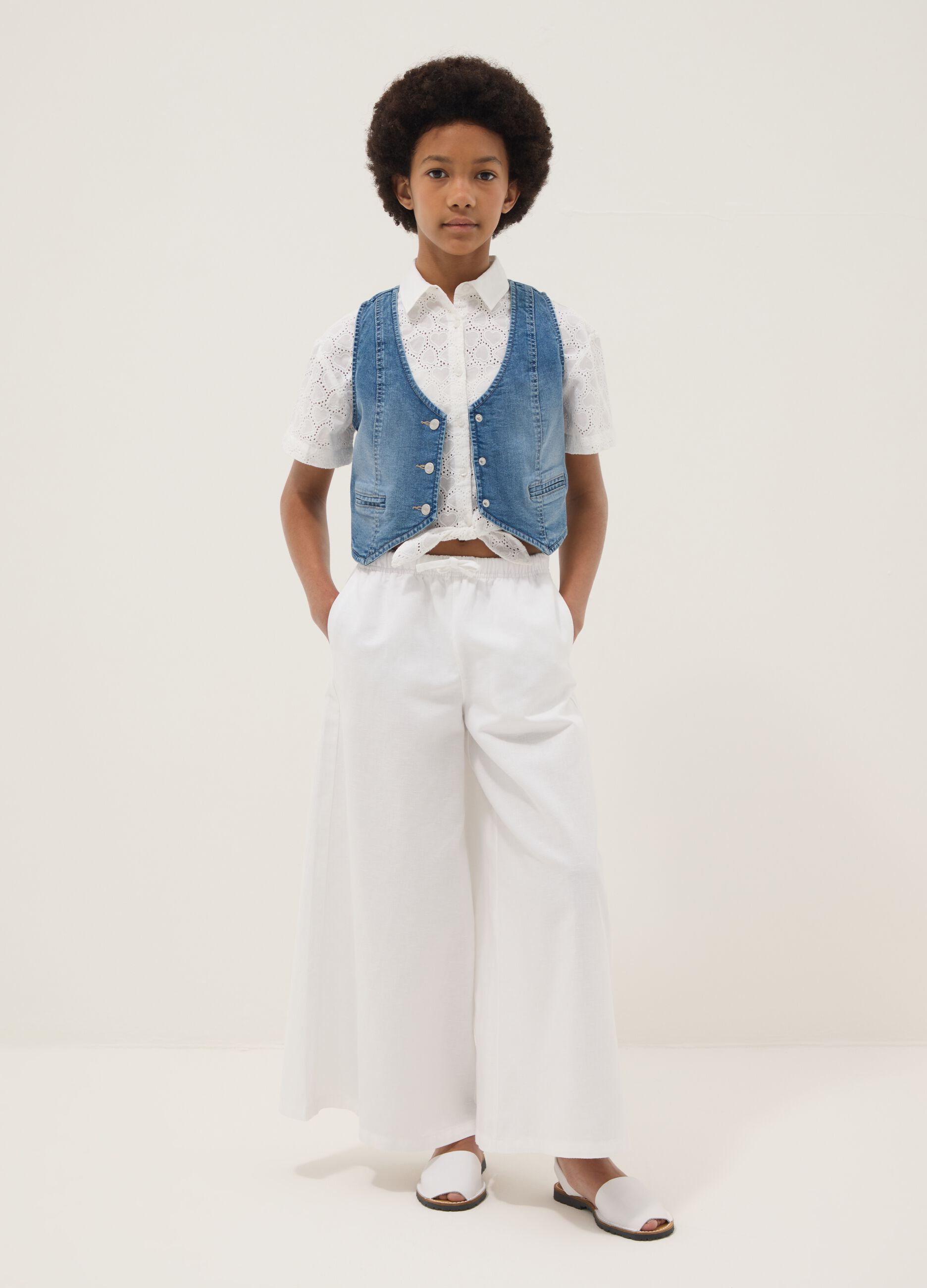 White linen and cotton blend palazzo trousers