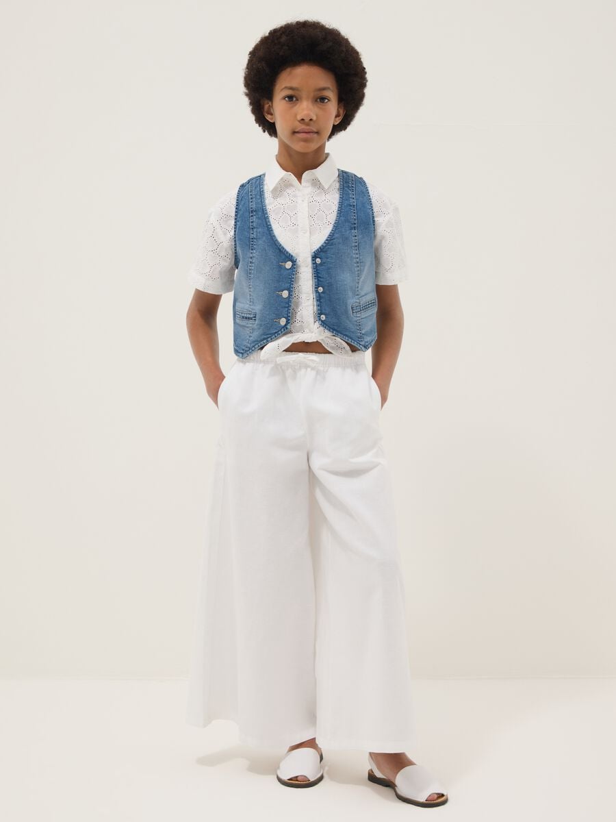 White linen and cotton blend palazzo trousers_0