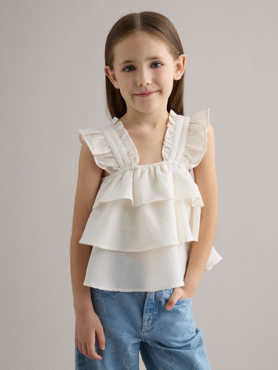 Top bianco da bambina regular fit con volant_0