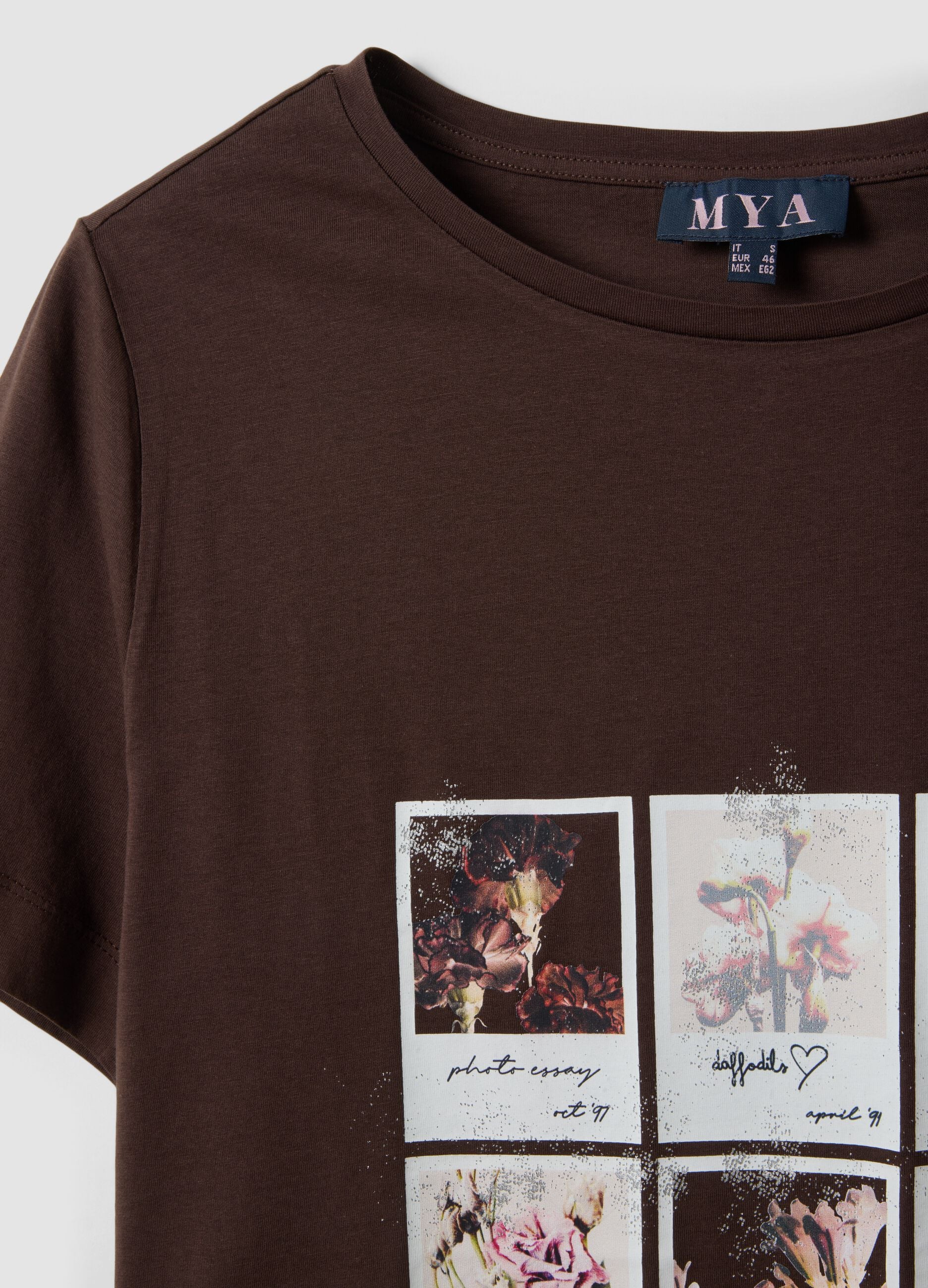 Brown pure cotton T-shirt with floral print, regular fit