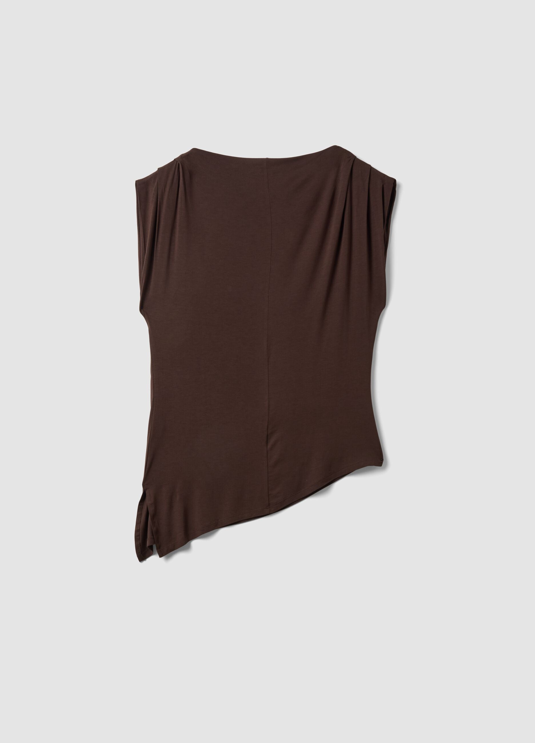 Brown stretch viscose T-shirt with draped neckline