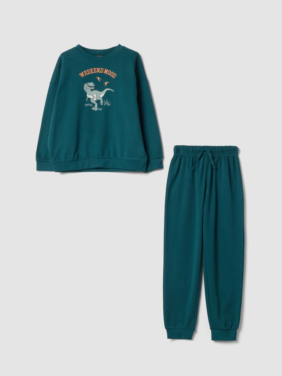 Pigiama verde in puro cotone organico con stampa dinosauro regular fit_0
