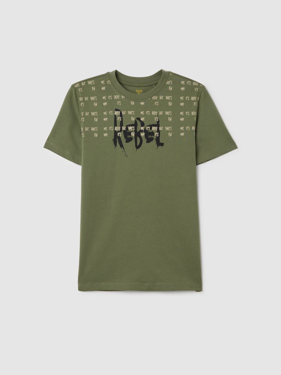 Green cotton T-shirt with "Rebel" print_0