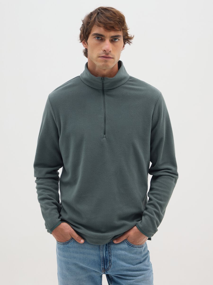Felpa verde in pile con mezza zip_0