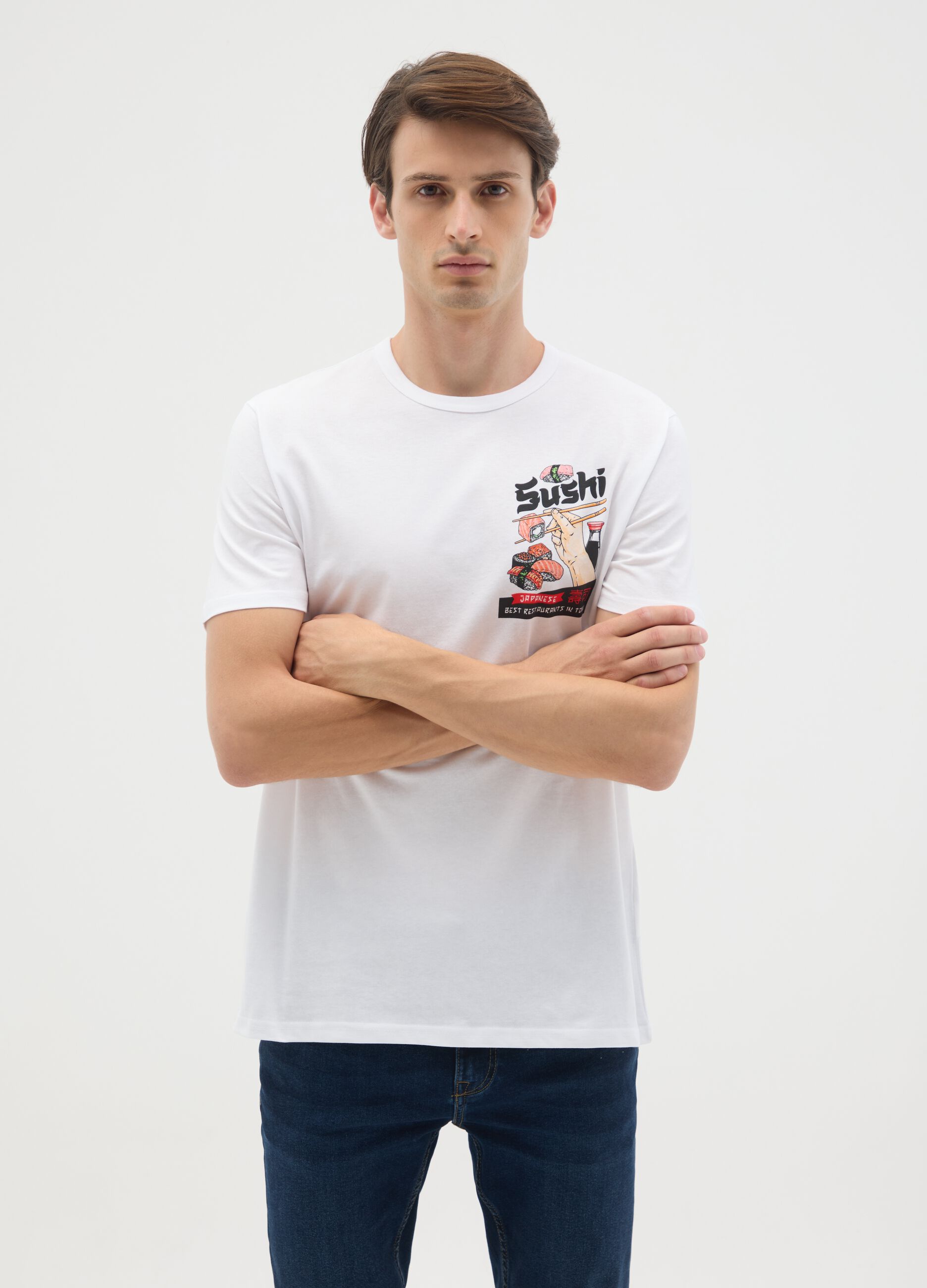 White pure cotton t-shirt regular fit with sushi print