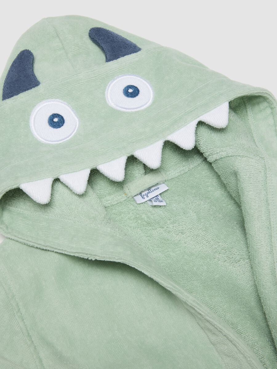 Accappatoio verde in cotone organico con cappuccio dinosauro per neonato e bimbo_2