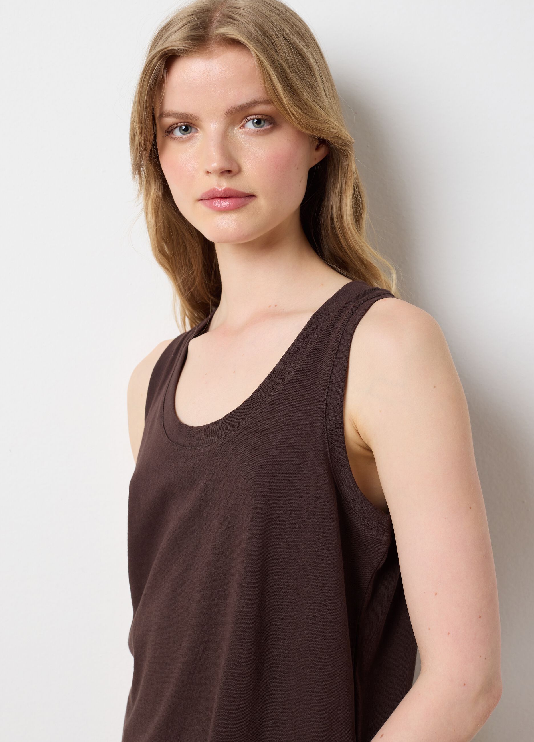 Brown Cotton Blend Tank Top