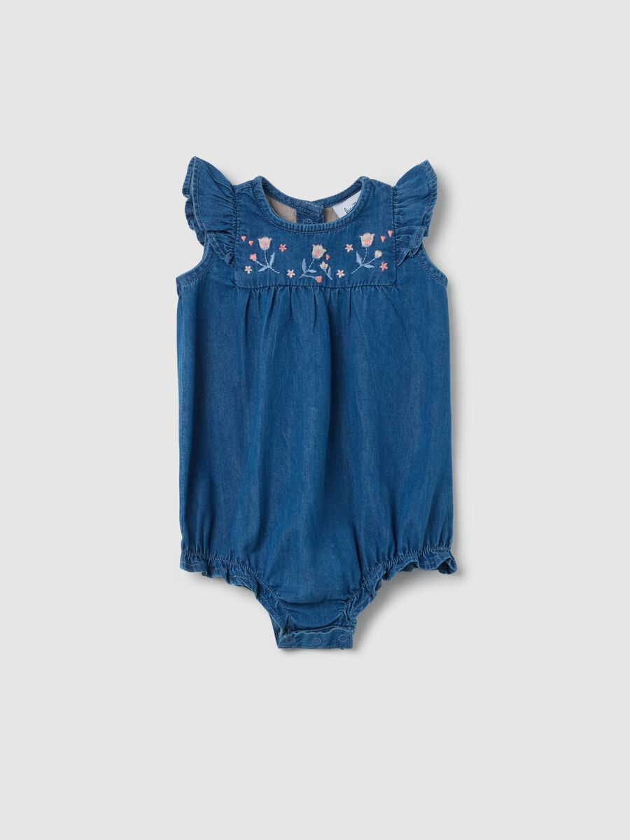 Denim romper suit with floral embroidery_0