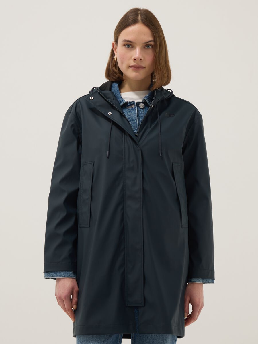 Blue waterproof jacket with regular fit hood_1