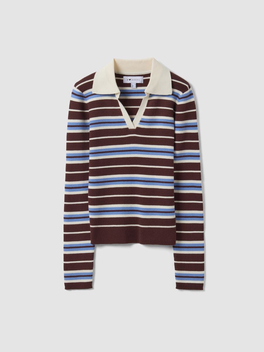 Multicolour striped viscose-blend fitted polo-collar knit top_4