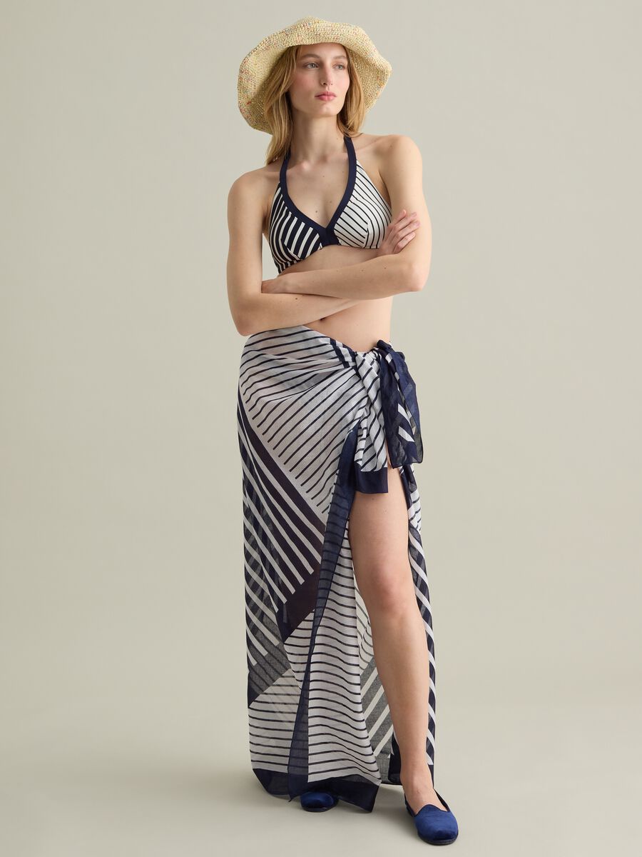 Long blue and white striped cotton cover-up_0