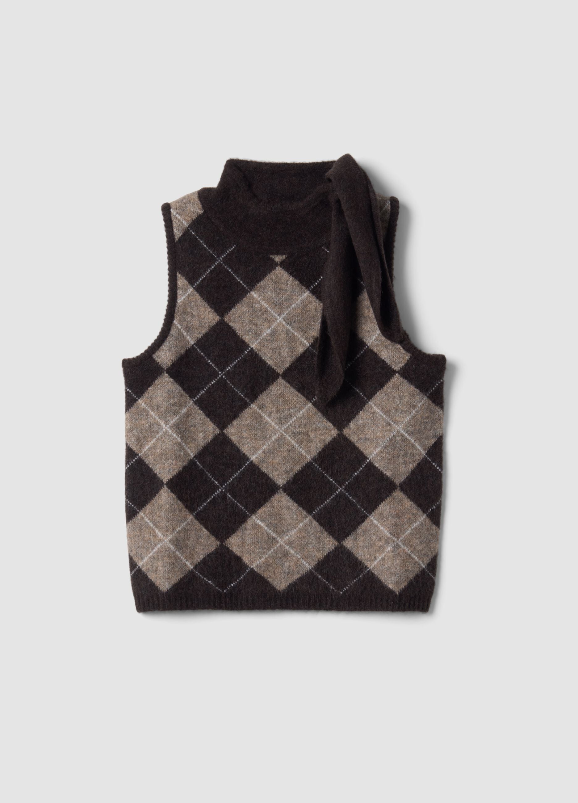 Brown stretch wool gilet with stand collar