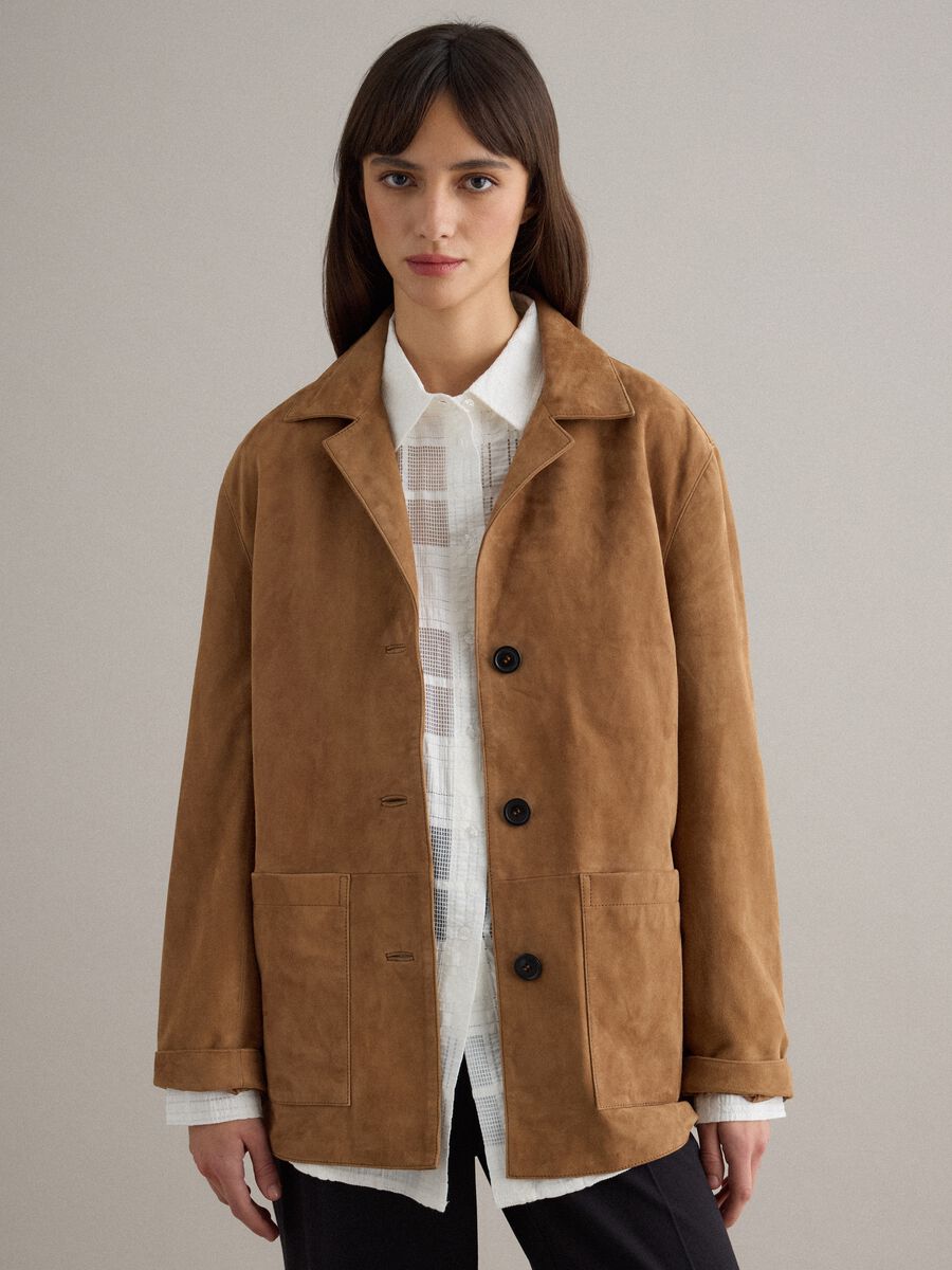 Blazer in vera pelle marrone regular fit con bottoni_0