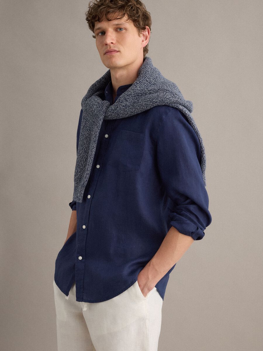 Camicia blu in puro lino con collo coreano regular fit_0