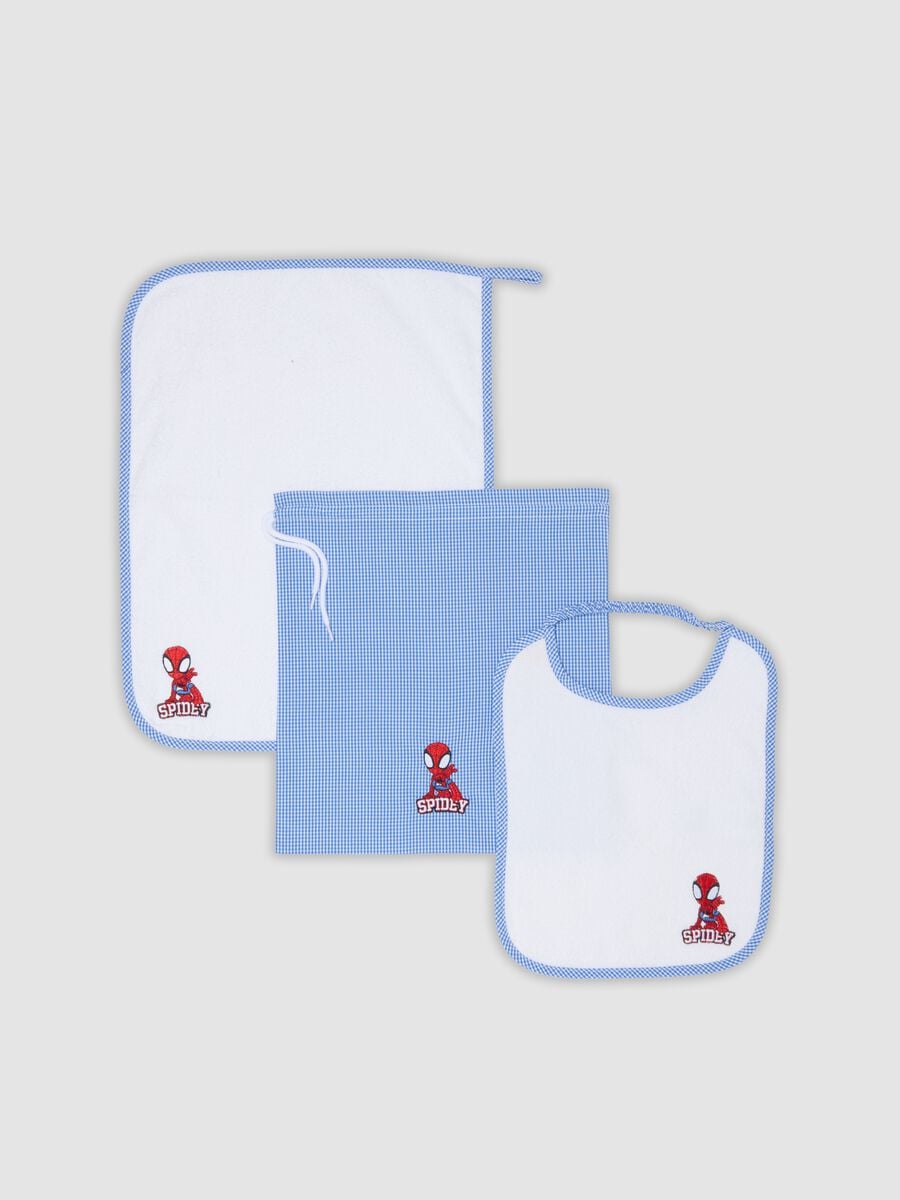 Blue nursery set with bib, towel and drawstring bag, Spidey embroidery_0