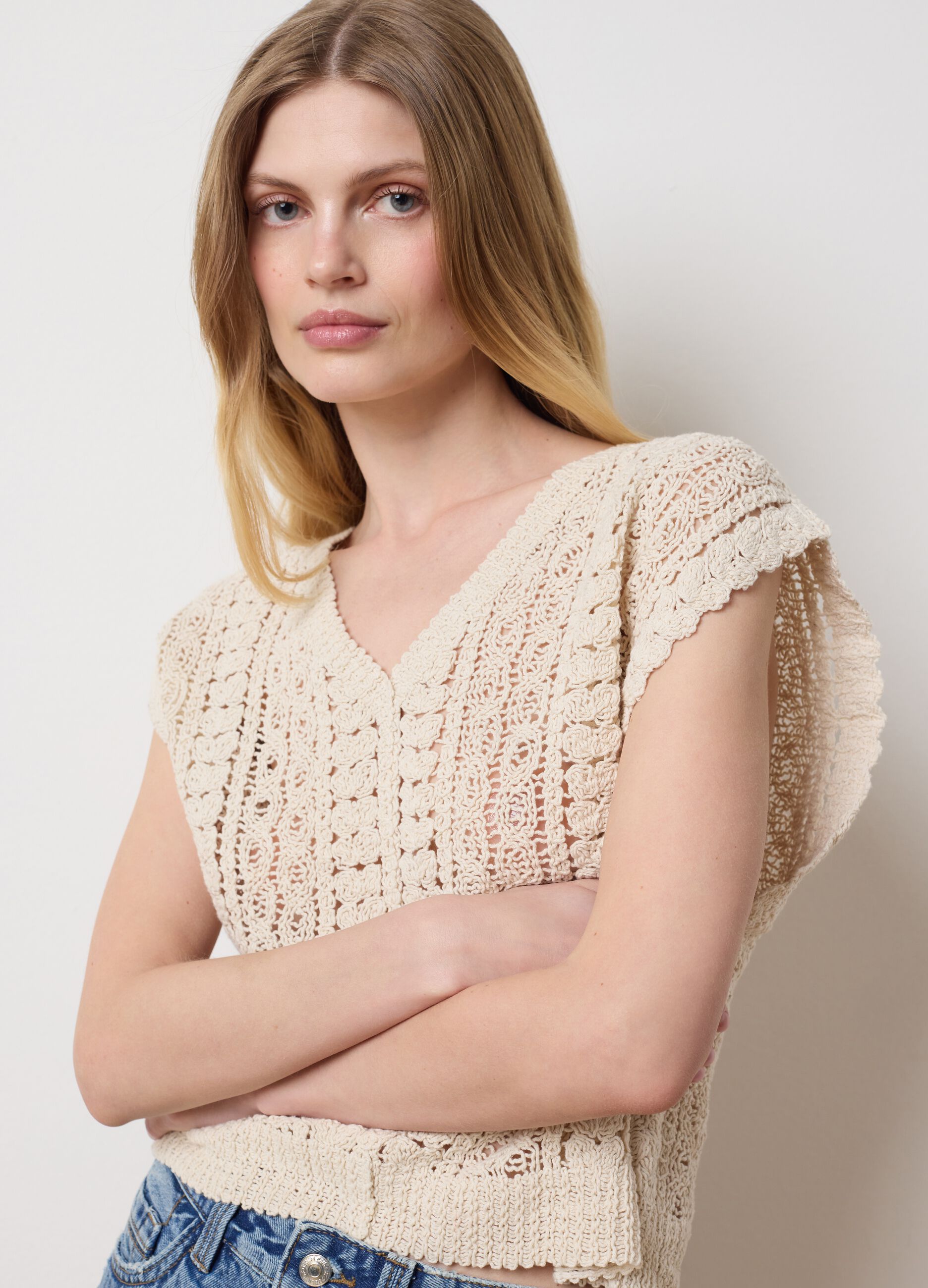 Top cropped da donna in cotone beige regular fit