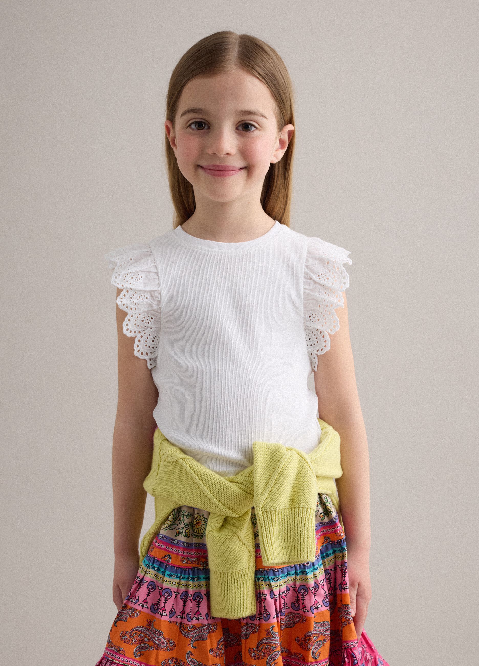 White stretch cotton girls&rsquo; vest top with ruffles