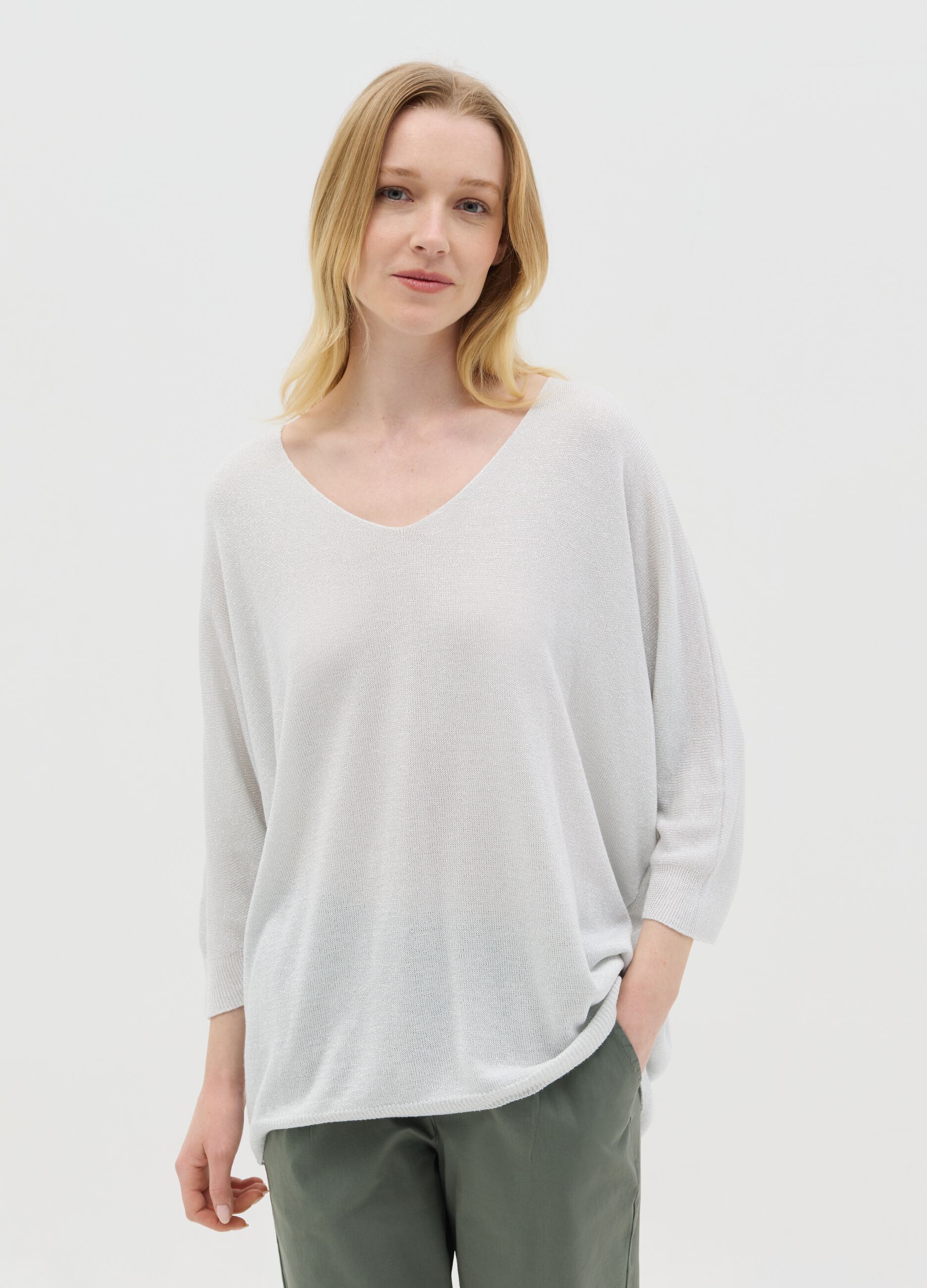 Grey lurex top with three-quarter sleeves