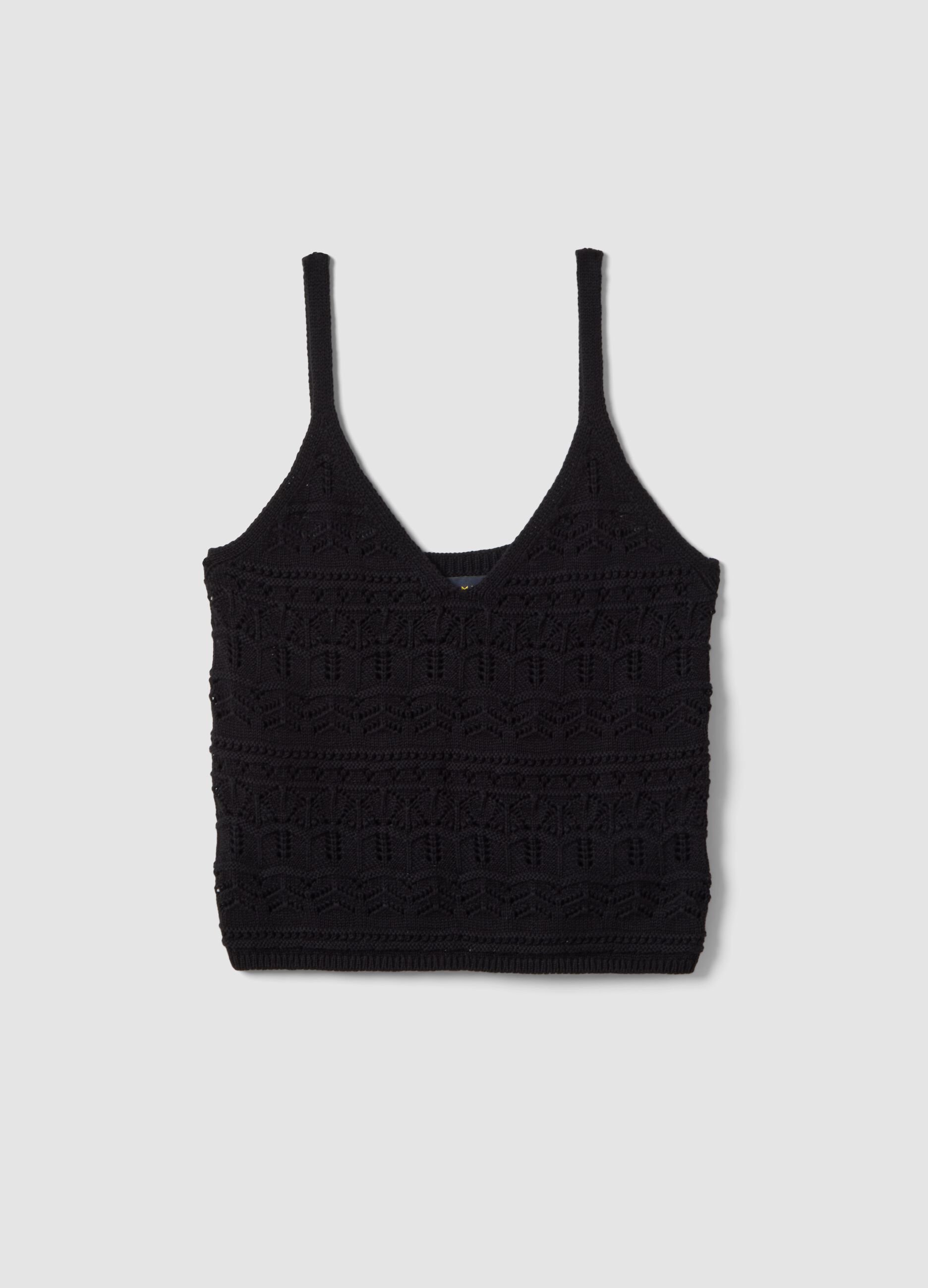 Black pure cotton regular-fit vest top with open-knit texture