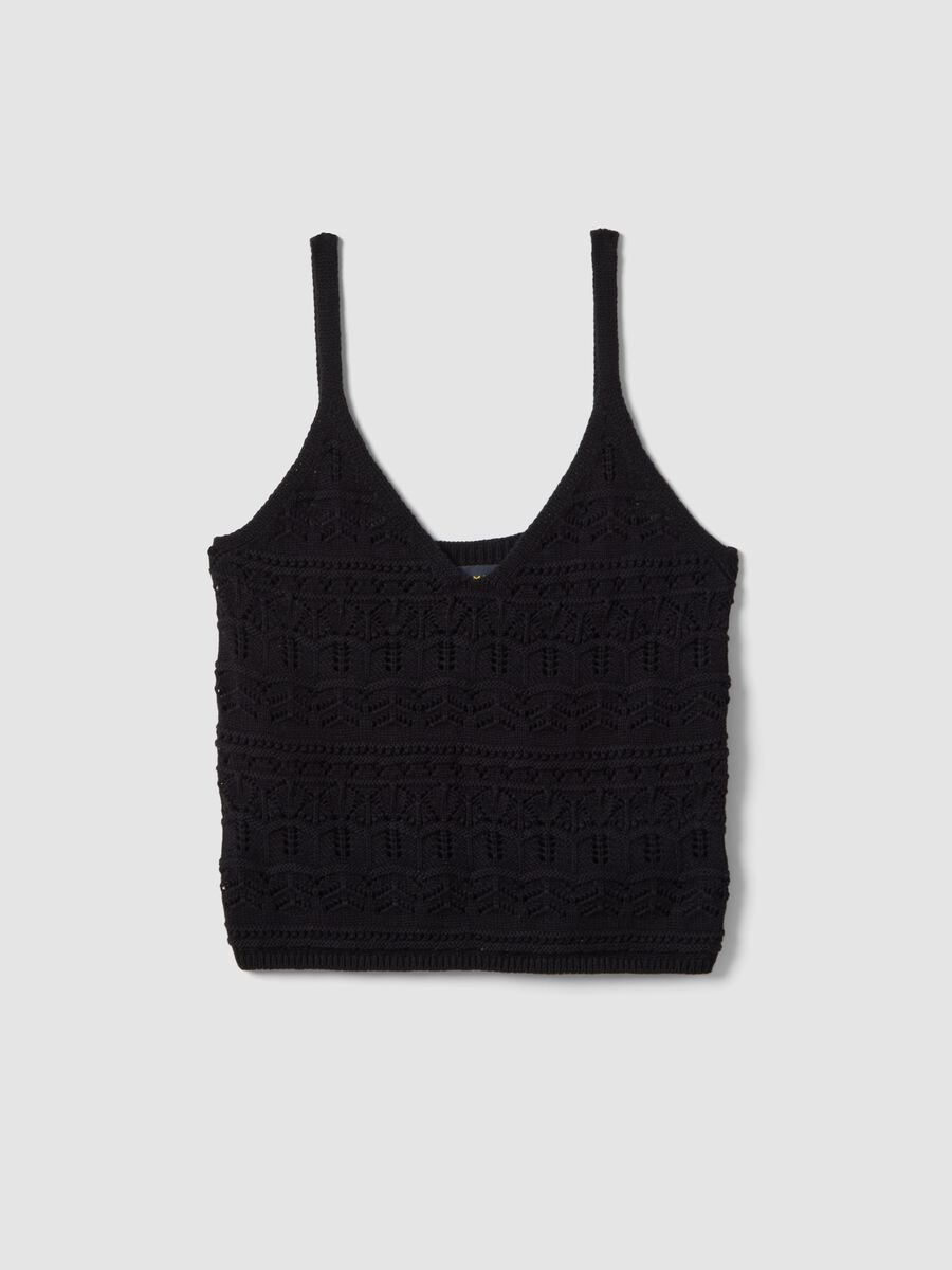 Black pure cotton regular-fit vest top with open-knit texture_0