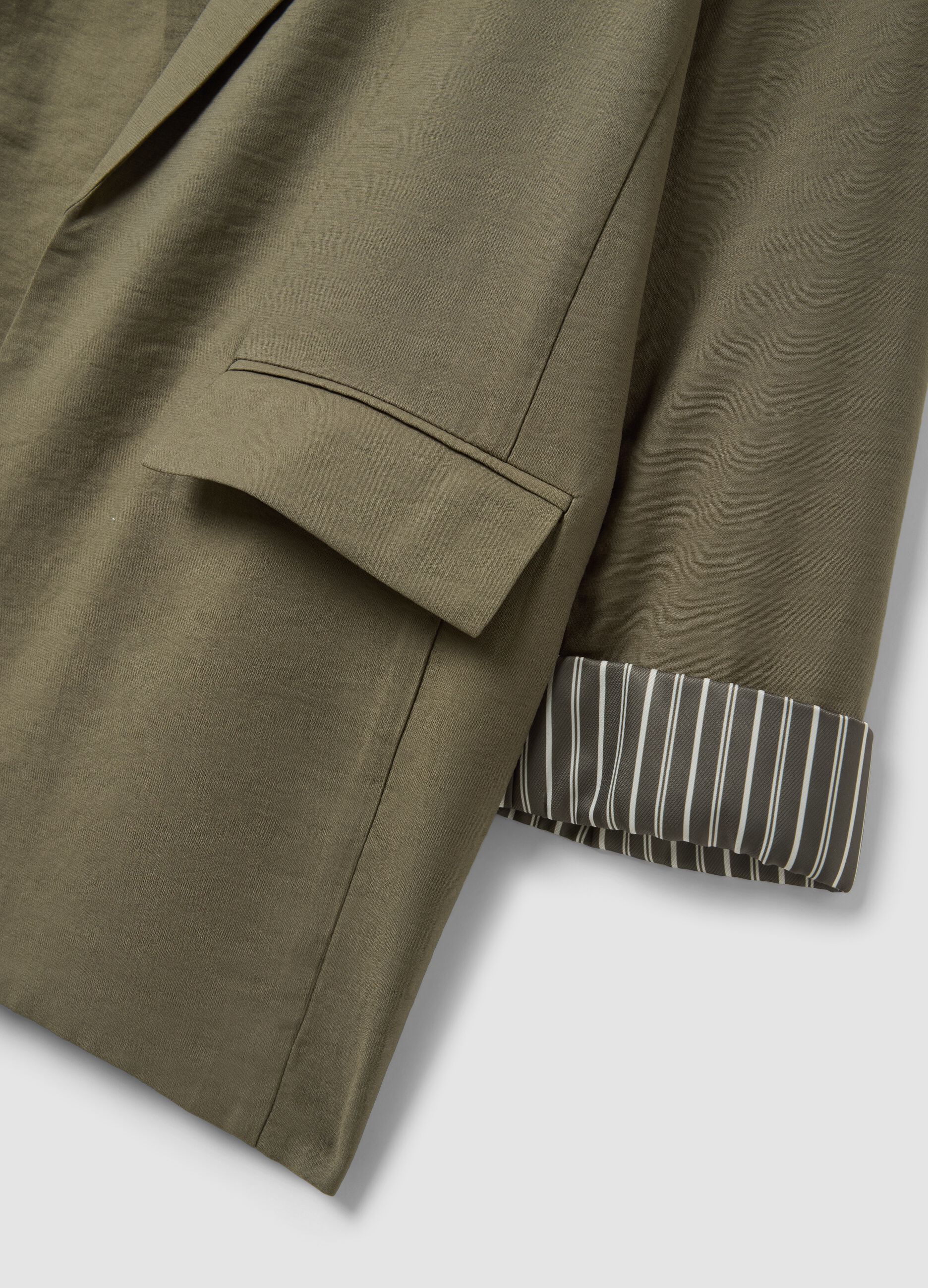 Green regular fit viscose blend blazer with striped cuffs