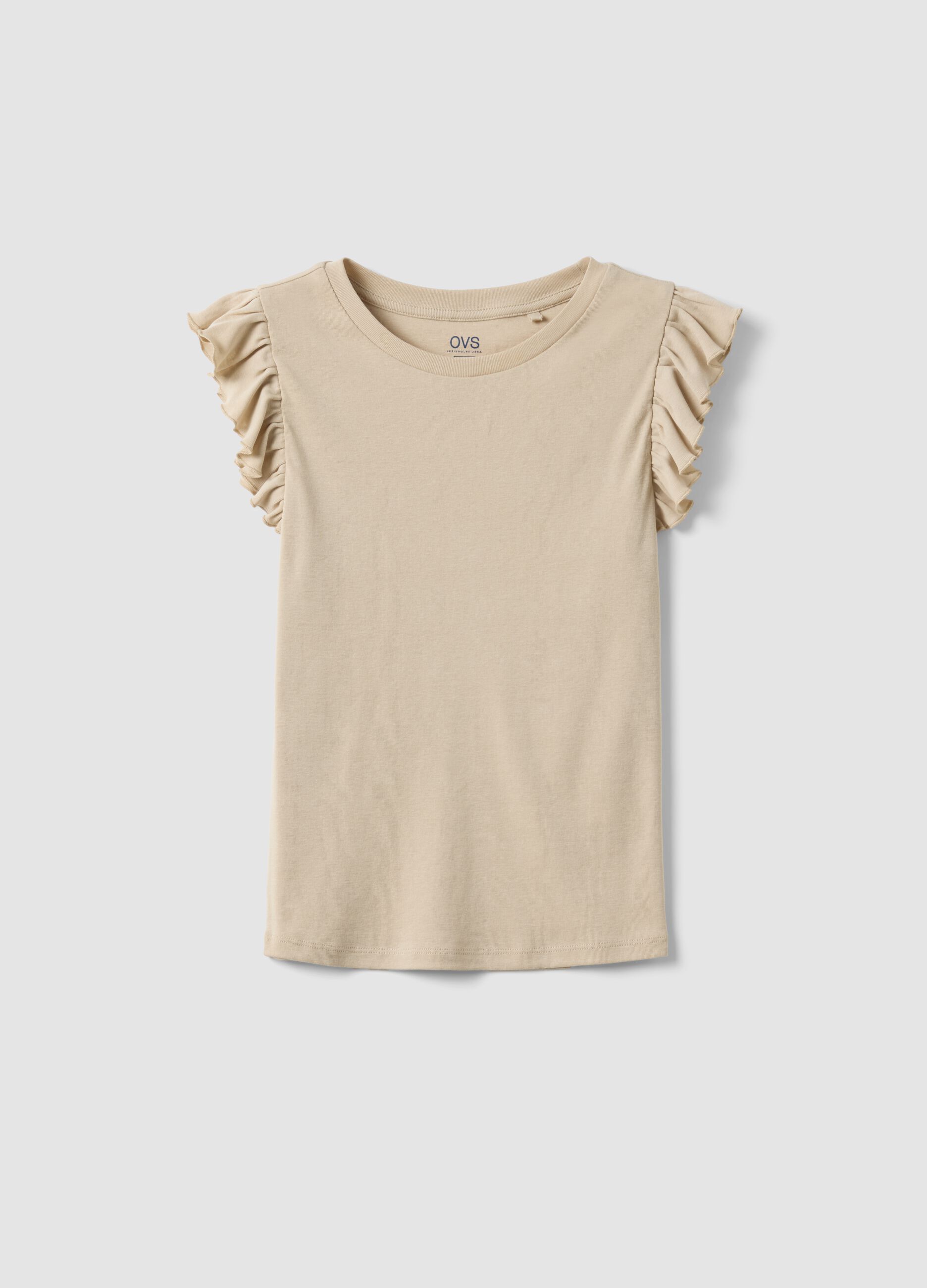Beige slim fit pure cotton t-shirt with ruffles