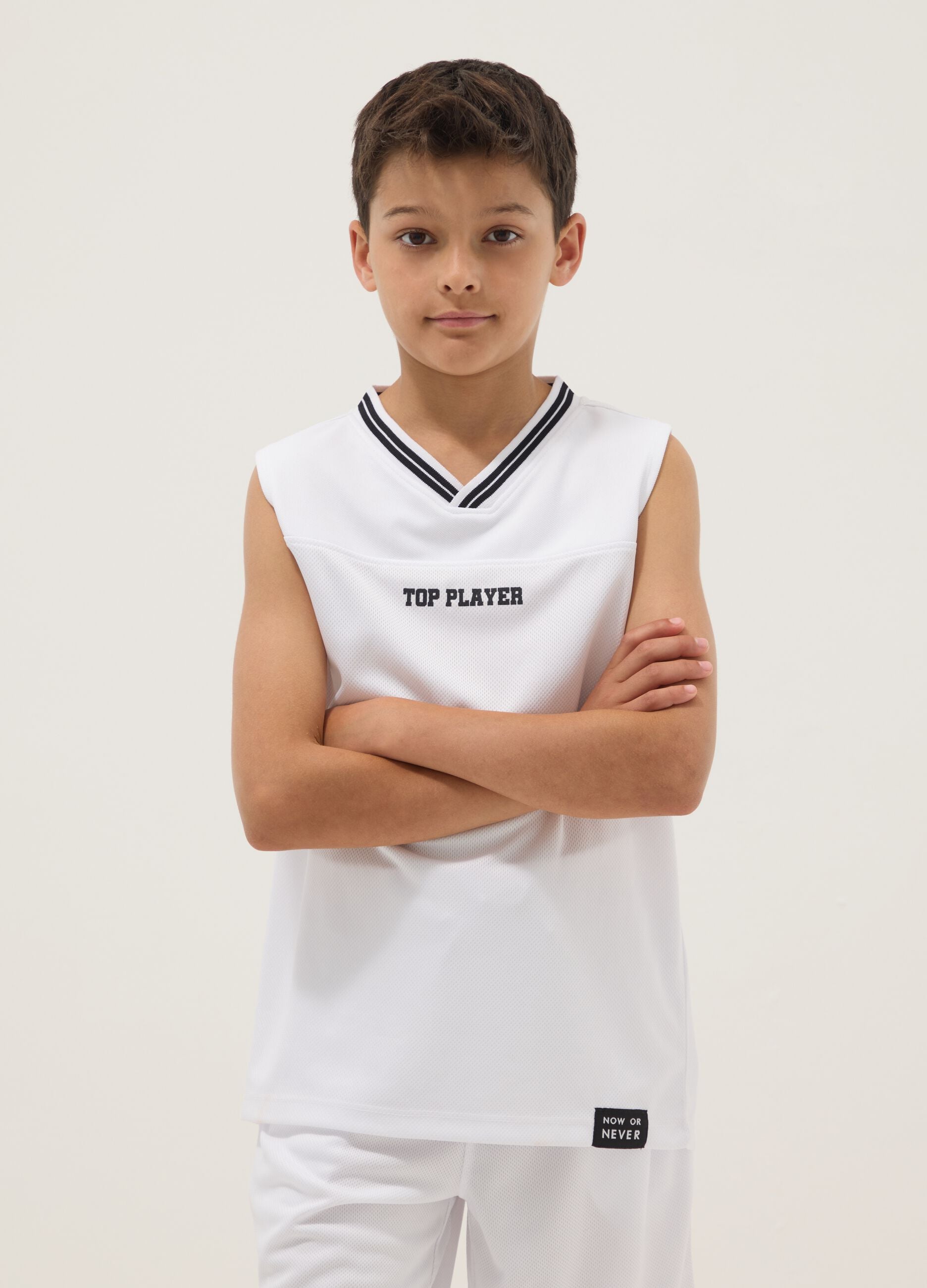 White sports vest with print