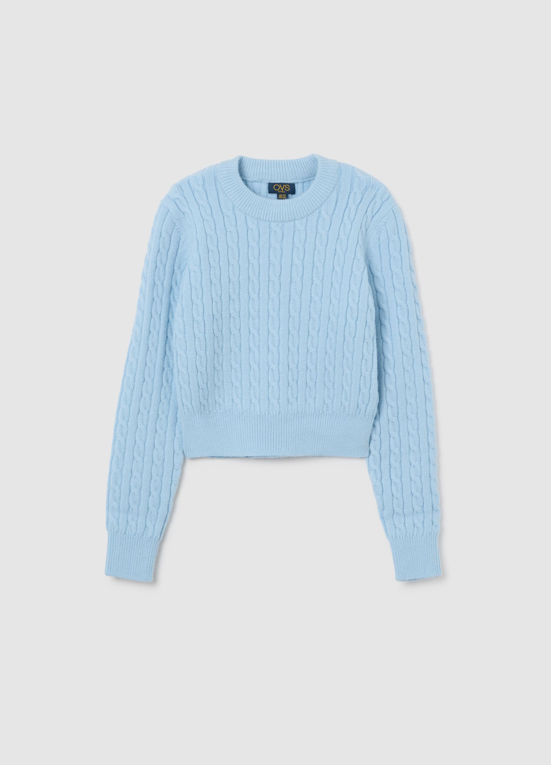 Girls' Blue Crew Neck Sweater with Cable Pattern Regular Fit
