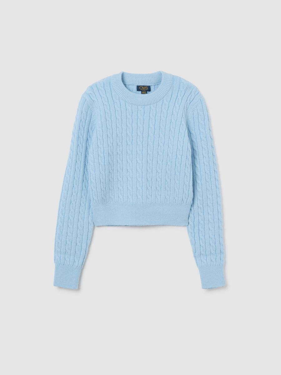 Girls' Blue Crew Neck Sweater with Cable Pattern Regular Fit_0