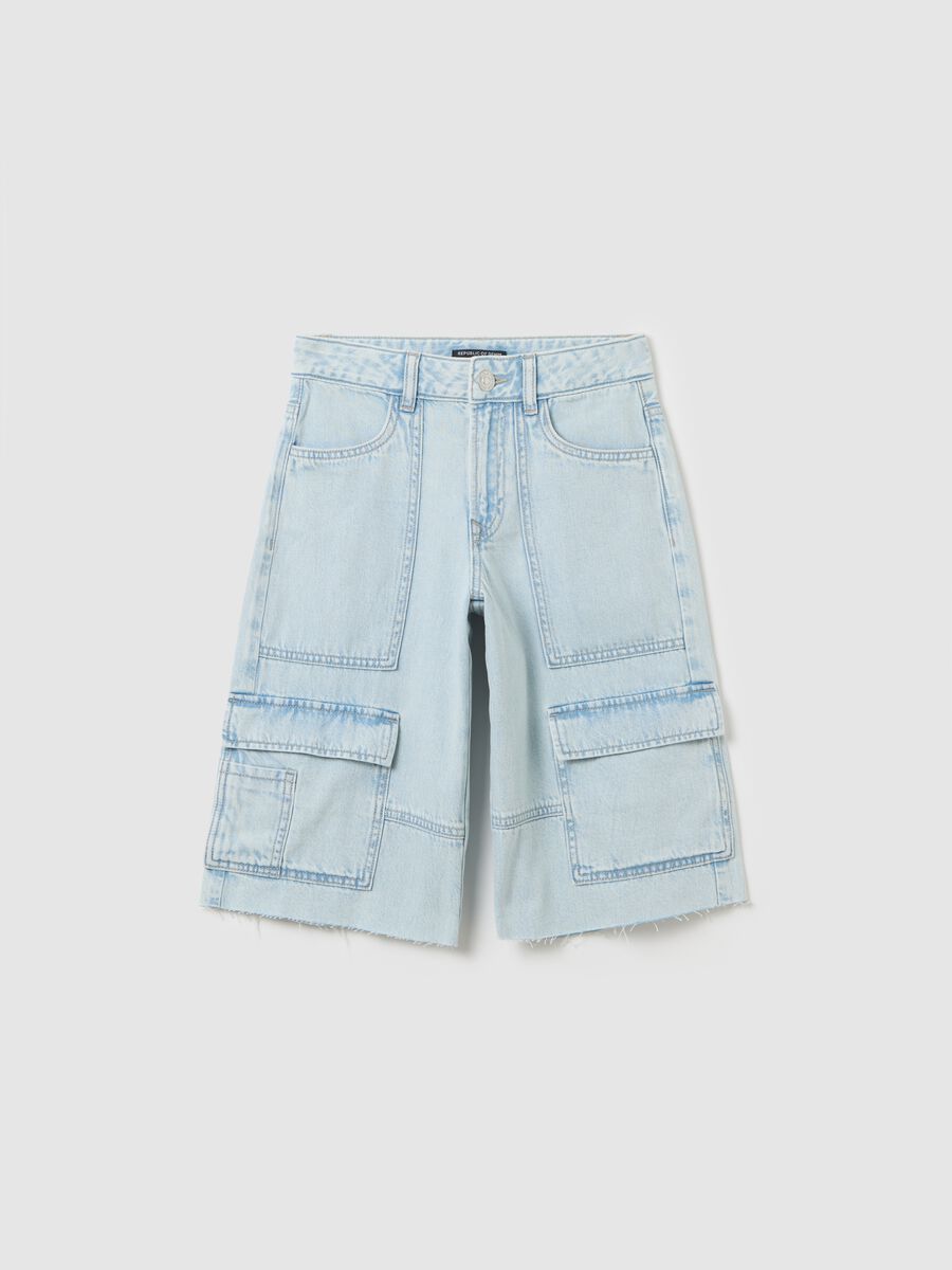 Shorts da ragazza in puro cotone azzurro regular fit con vita regolabile_0