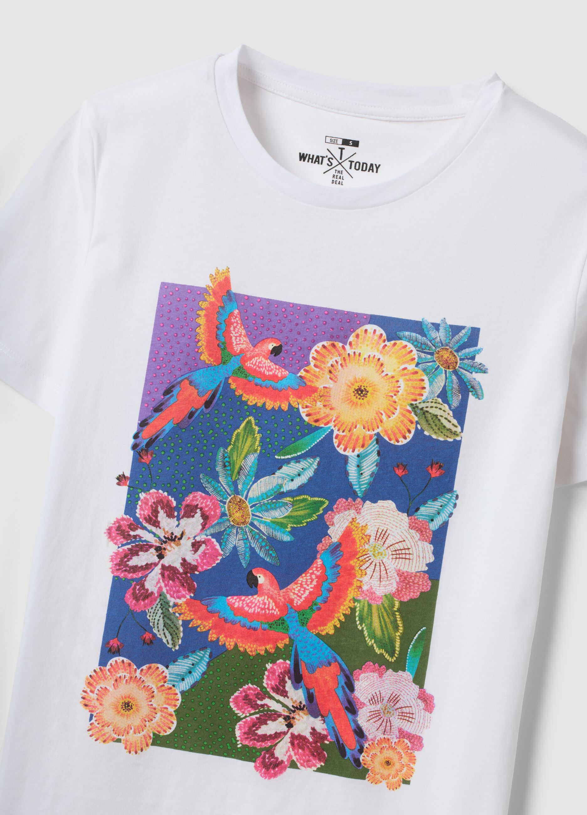 White pure cotton T-shirt with floral print