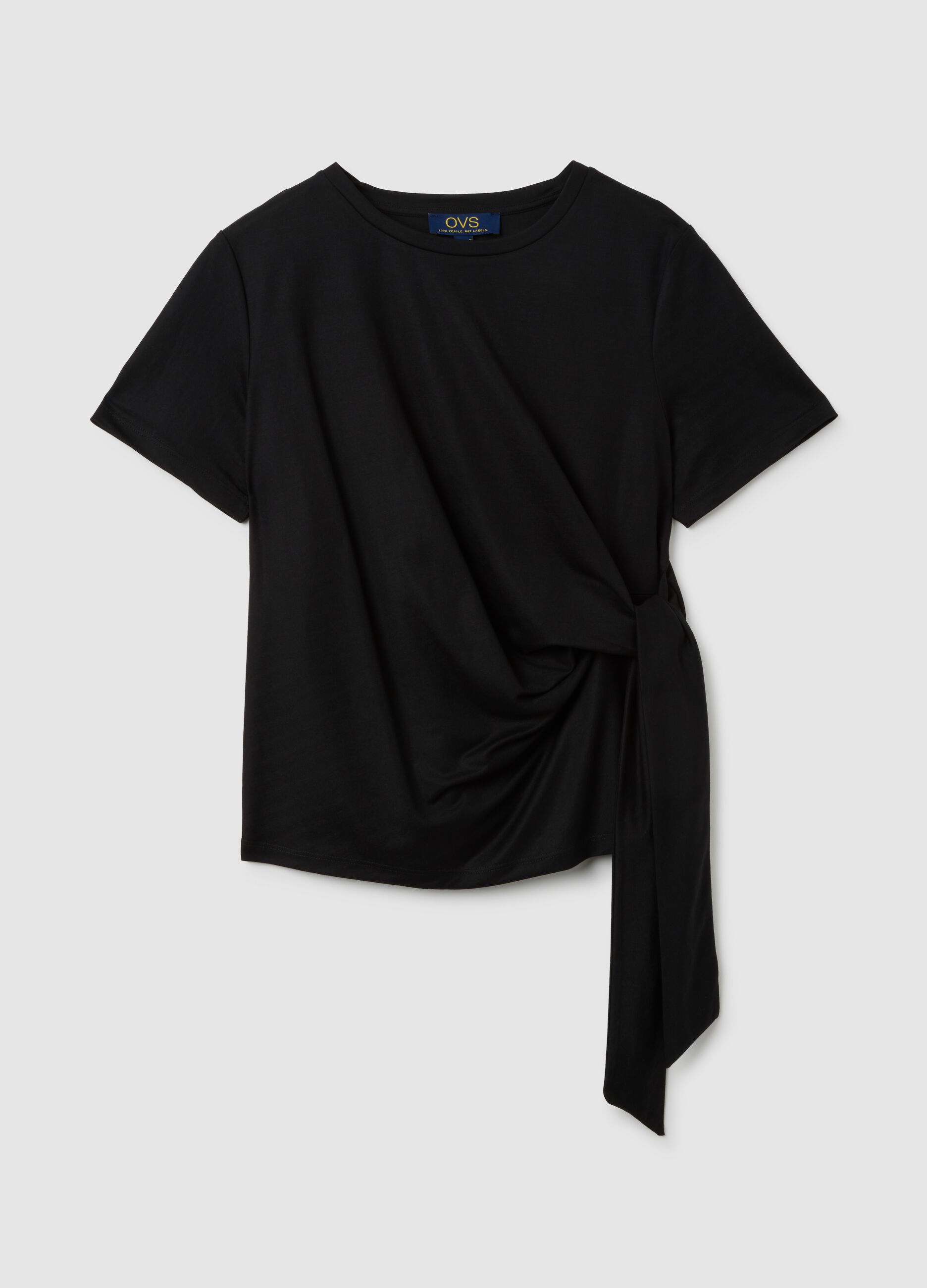 Black viscose blend fitted T-shirt with knot