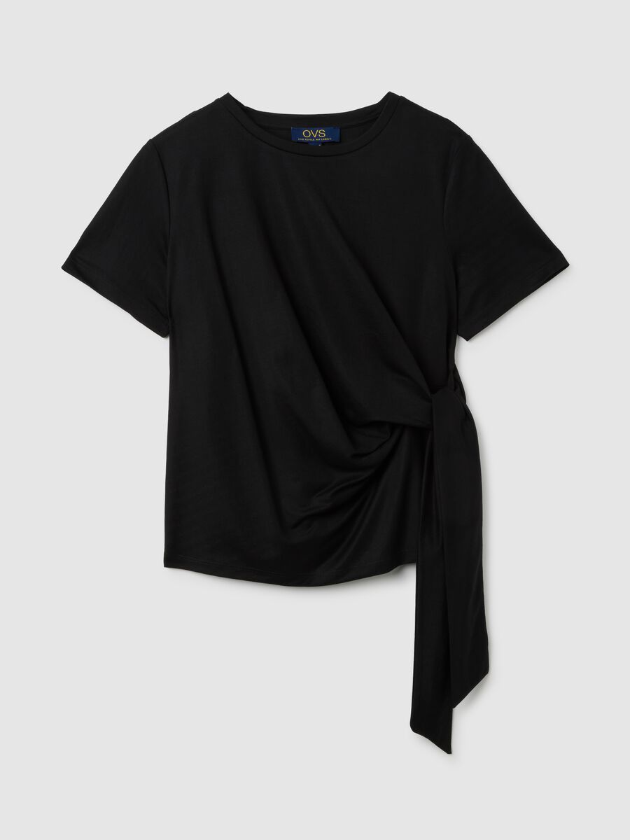 Black viscose blend fitted T-shirt with knot_4