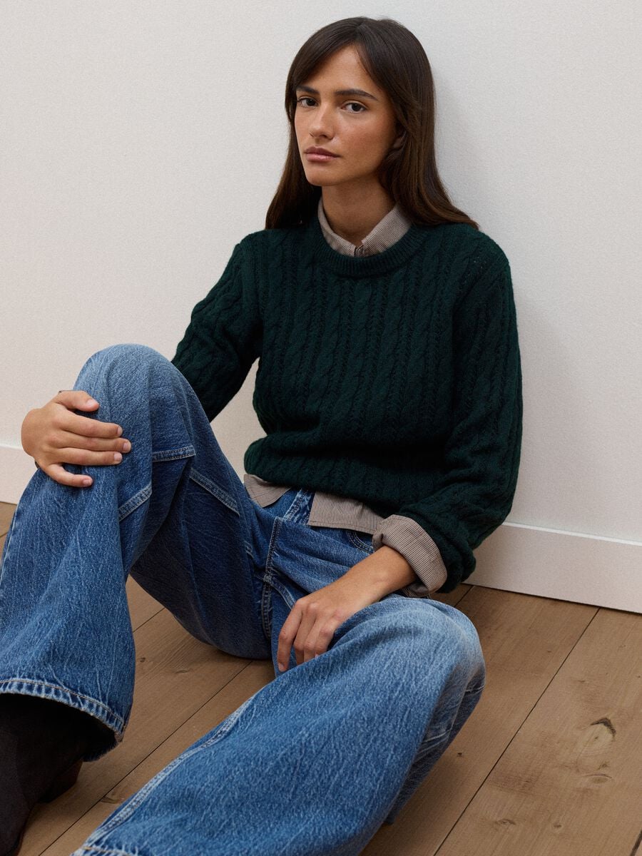 Green crew-neck cable-knit wool-blend jumper, regular fit_1