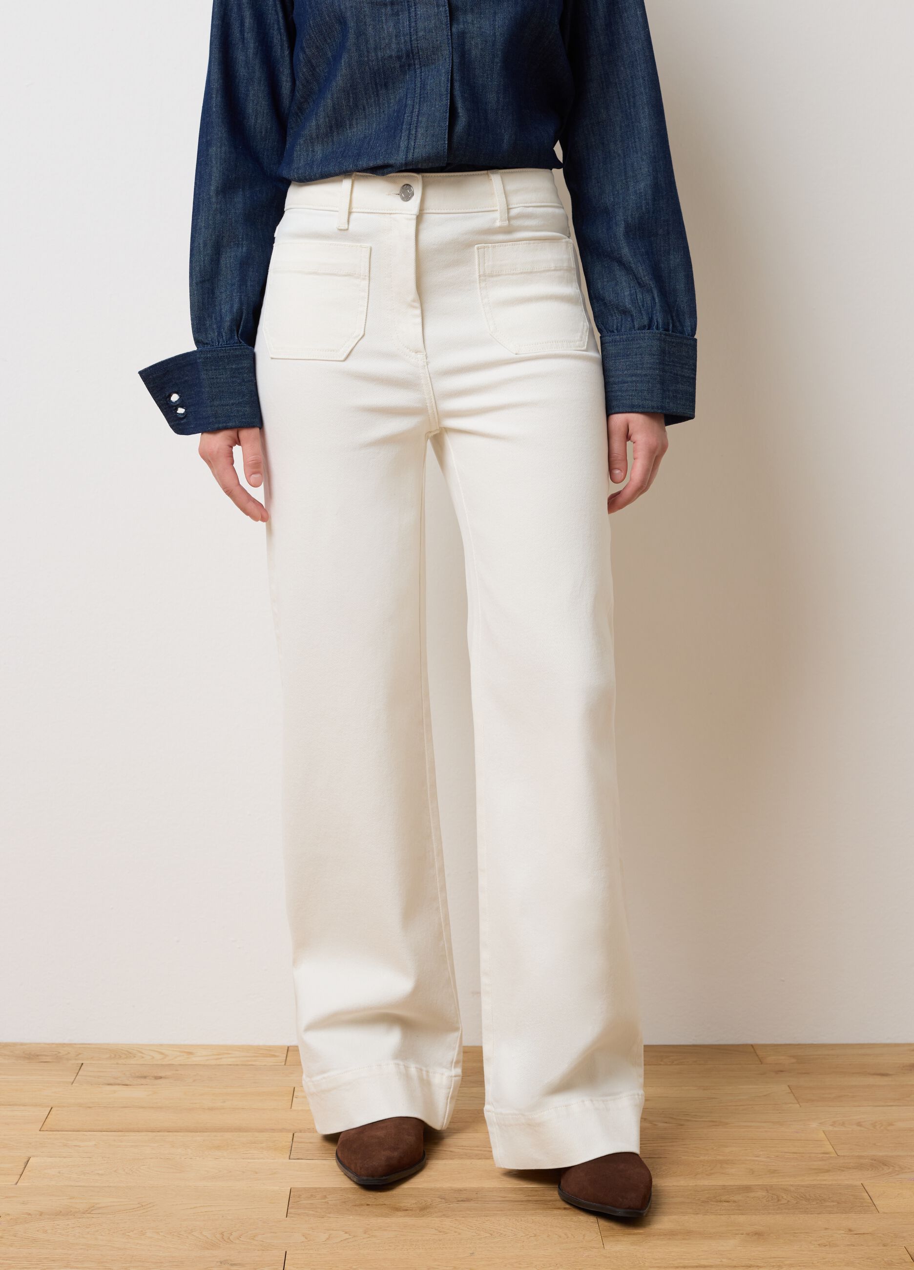 Wide Leg Beige Denim Trousers
