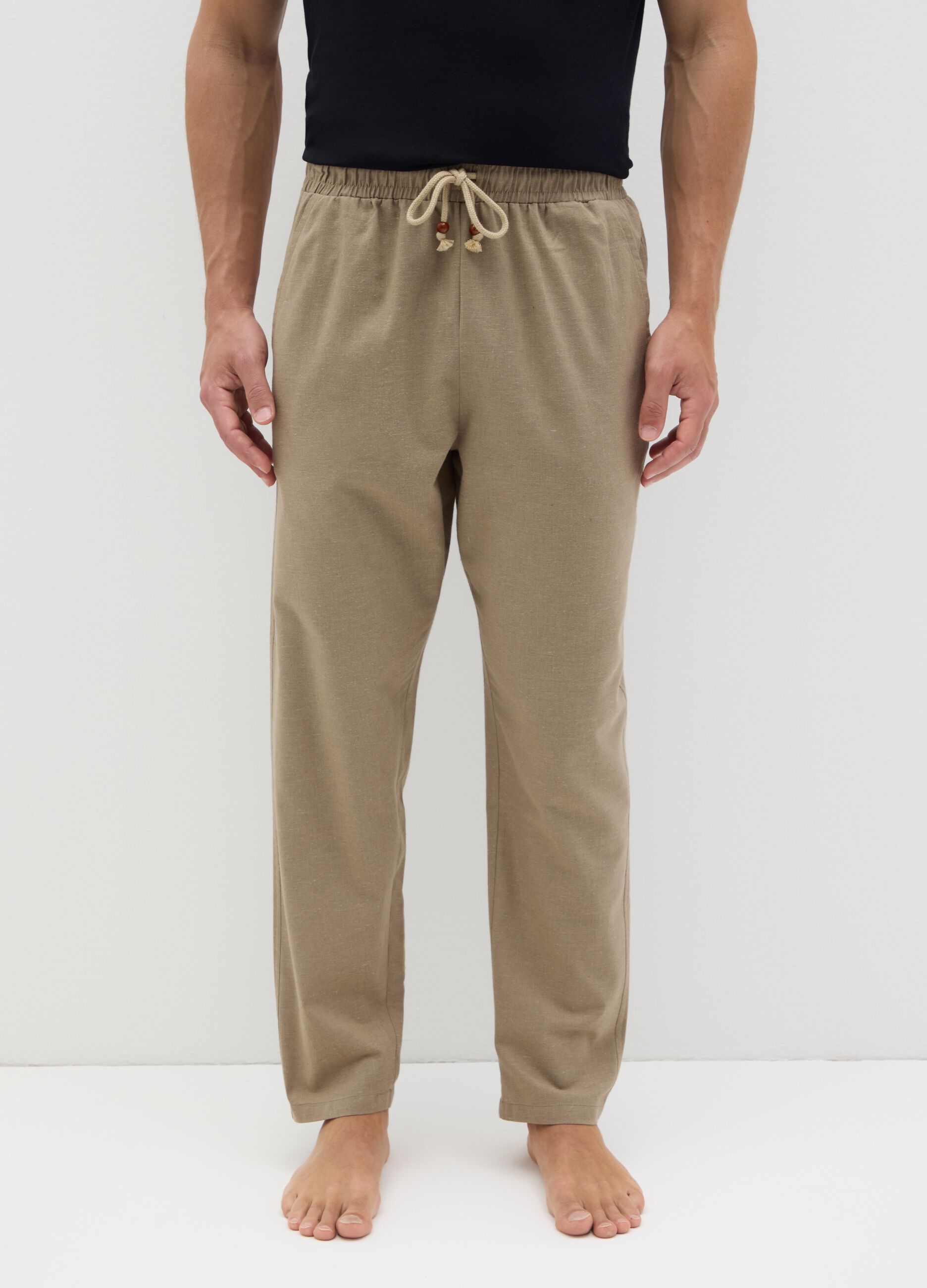 Pantaloni da uomo in misto cotone beige regular fit con coulisse