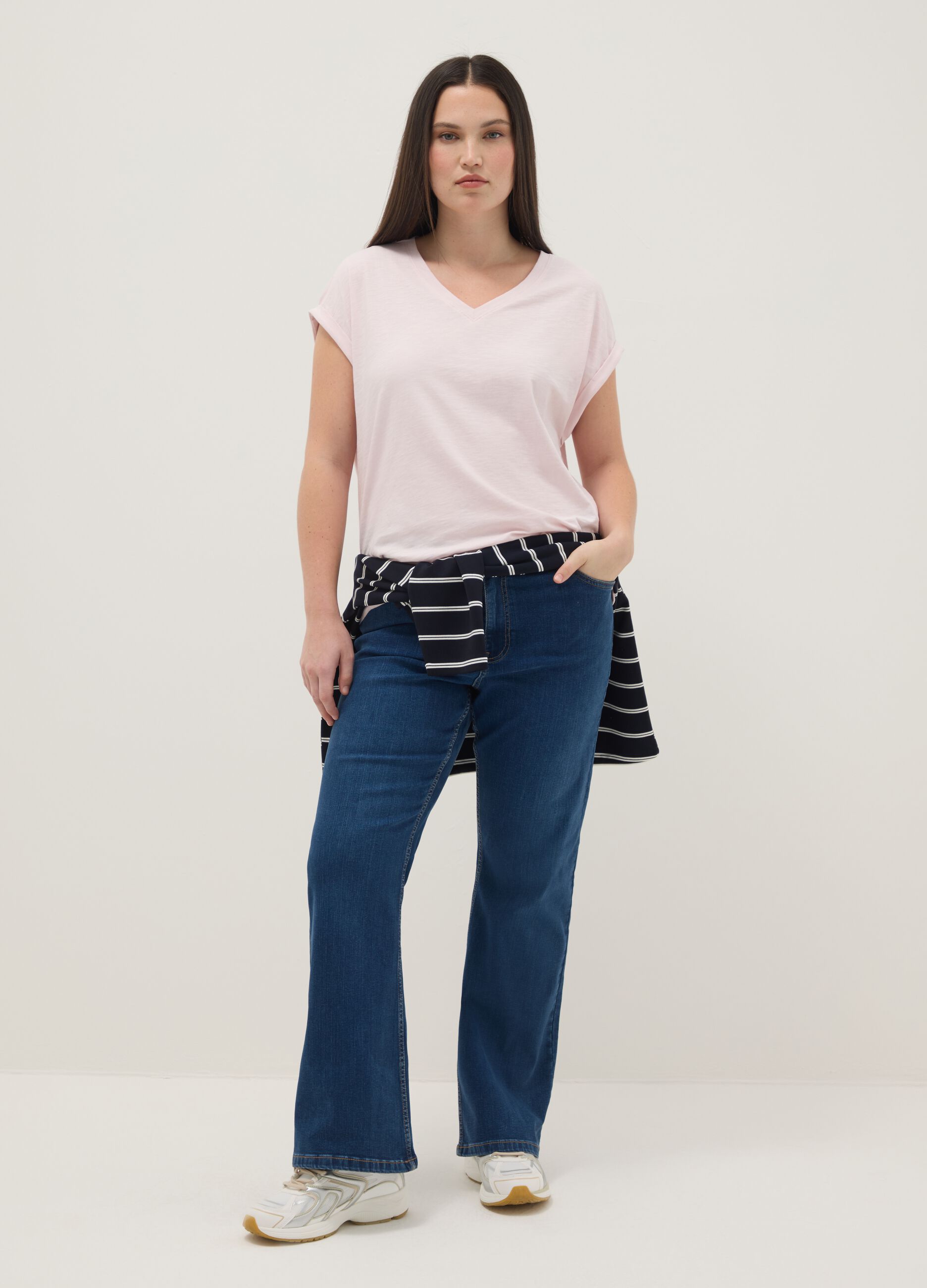 Pink short sleeve pure cotton V-neck regular fit t-shirt