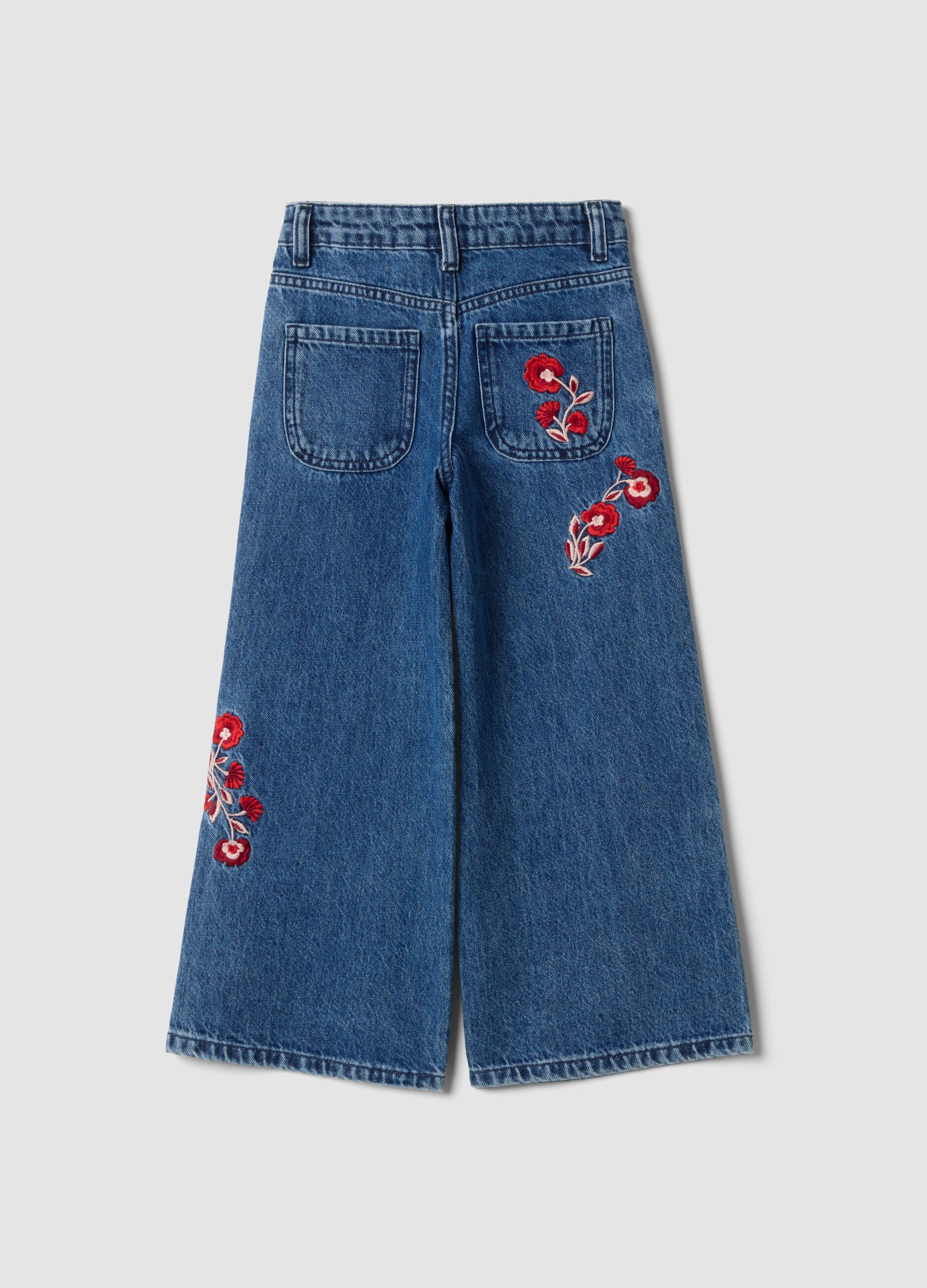 Blue pure cotton wide-leg jeans with floral embroidery