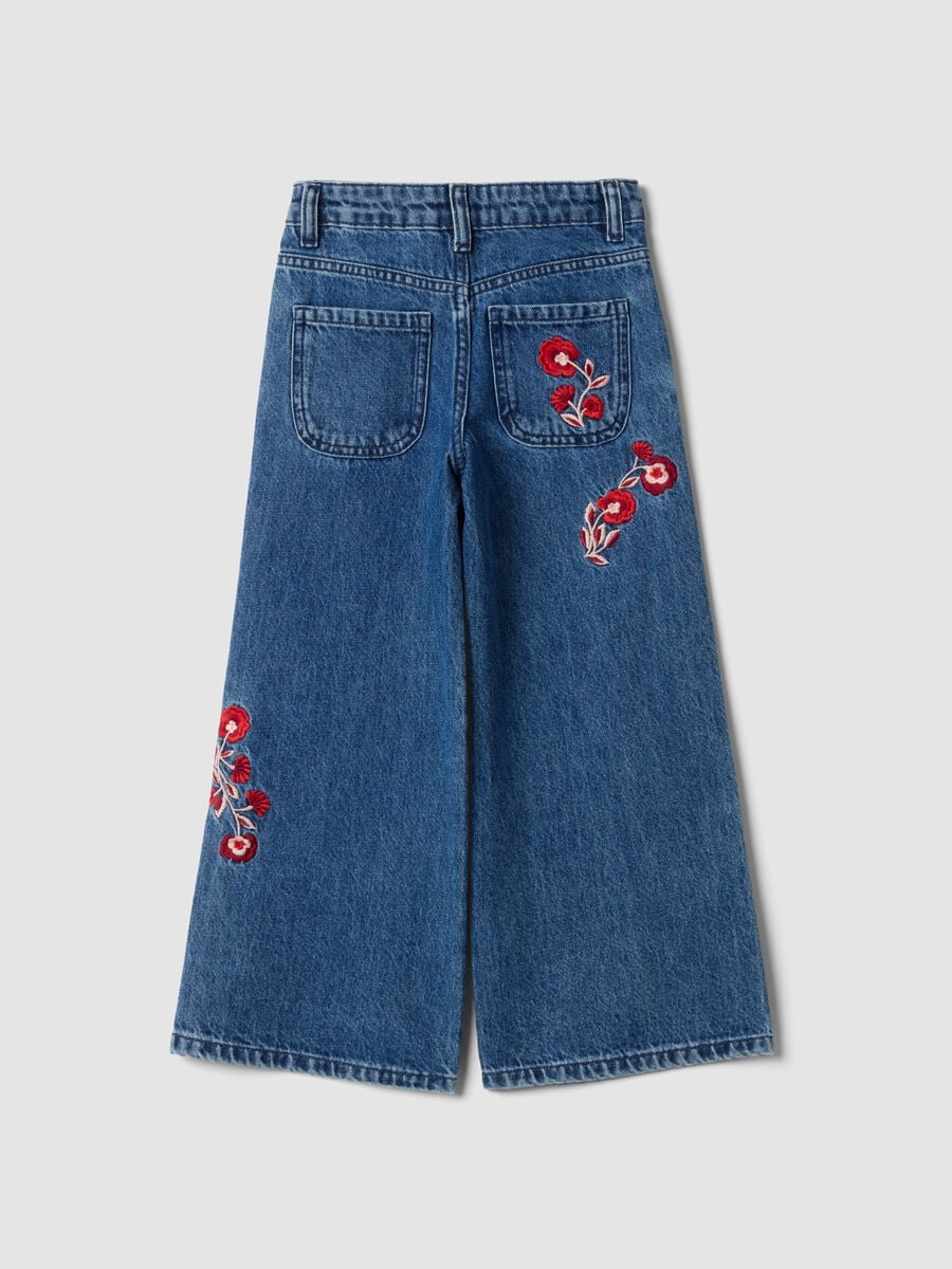 Blue pure cotton wide-leg jeans with floral embroidery_2