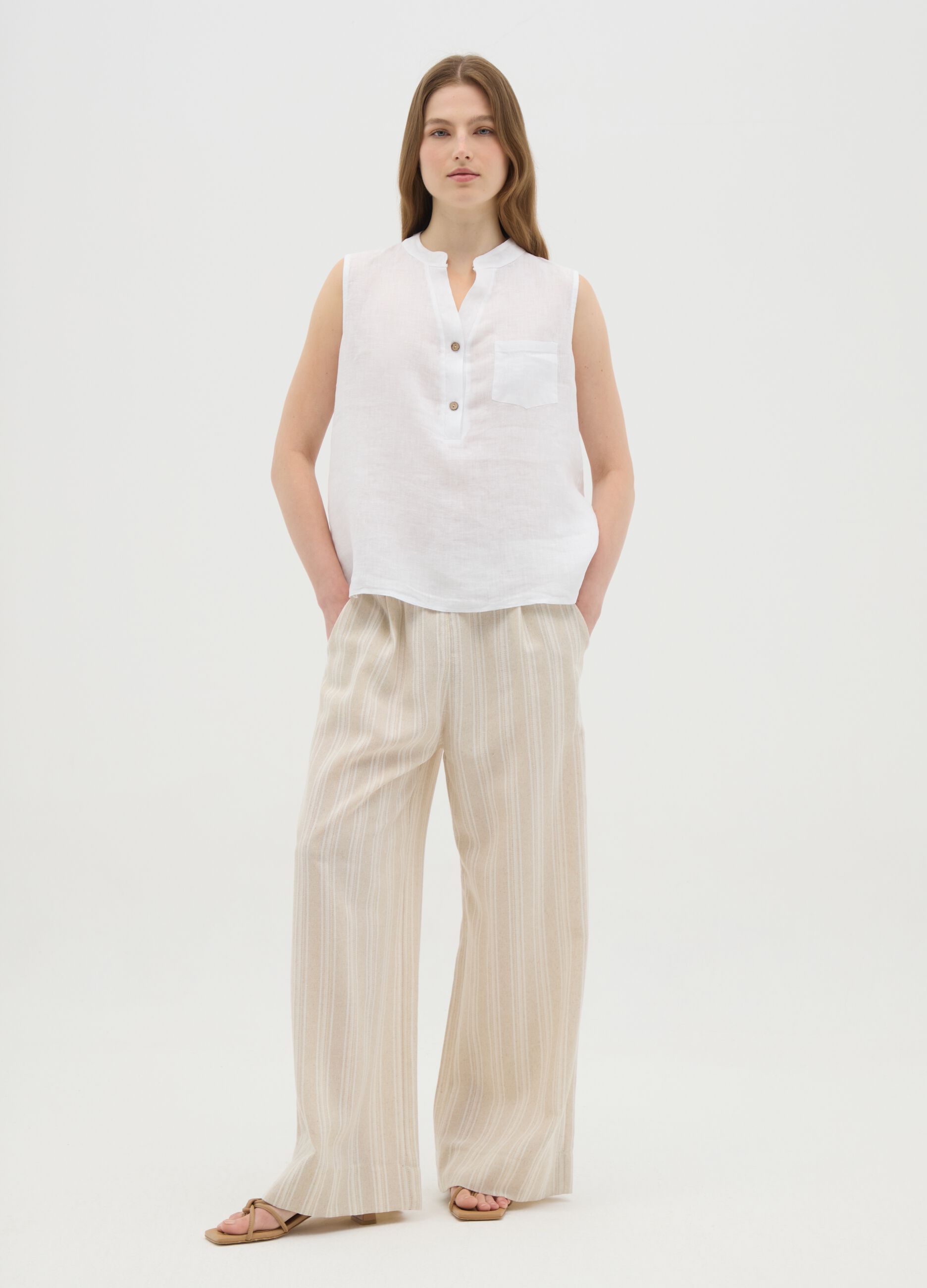 Pantaloni da donna in misto cotone beige regular fit