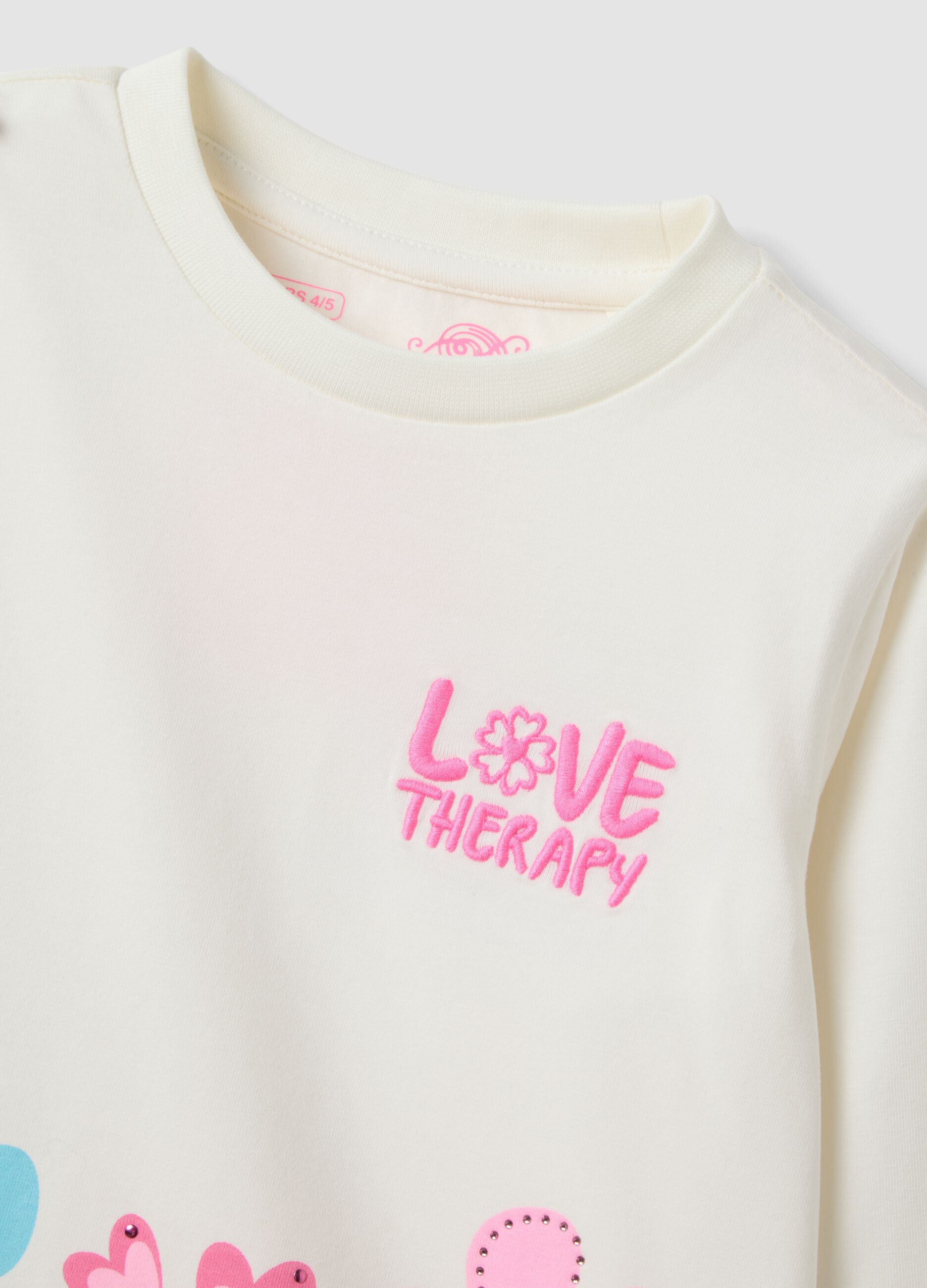 White stretch cotton girls&rsquo; T-shirt with floral motif
